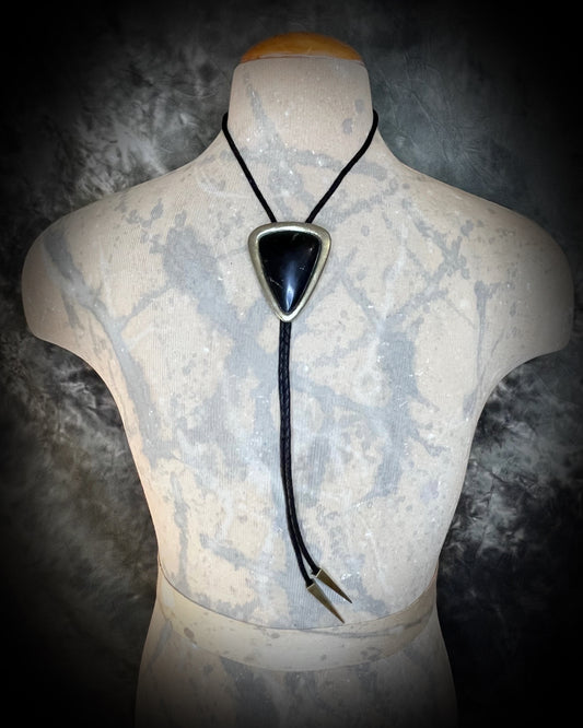 XL Black Tourmaline bolo tie in gold setting on black leather cord