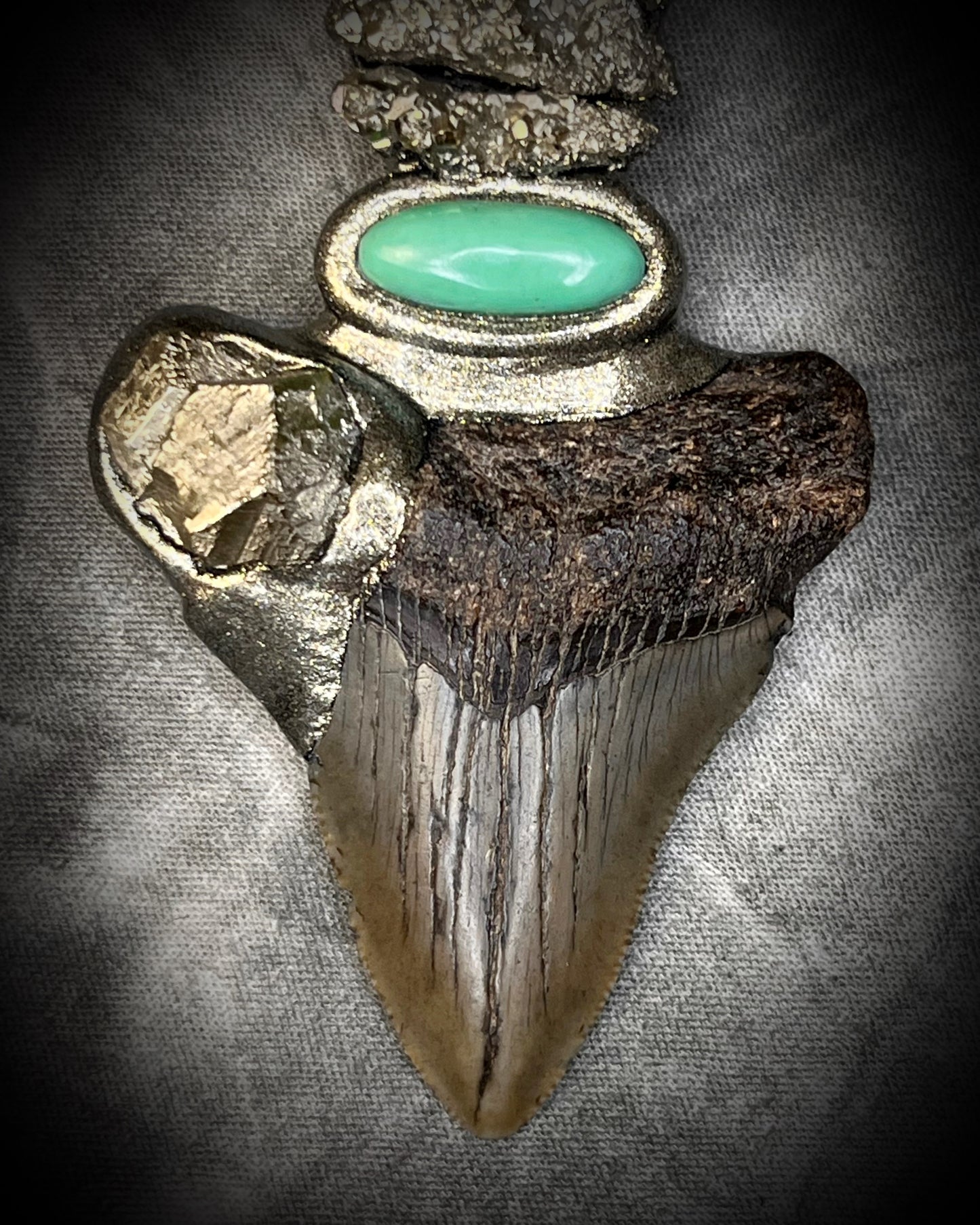 XL Megalodon fossil shark tooth talisman necklace with green opal, chrysoprase, and pyrite on brown leather, fantasy relic statement jewelry handmade in Baltimore Maryland