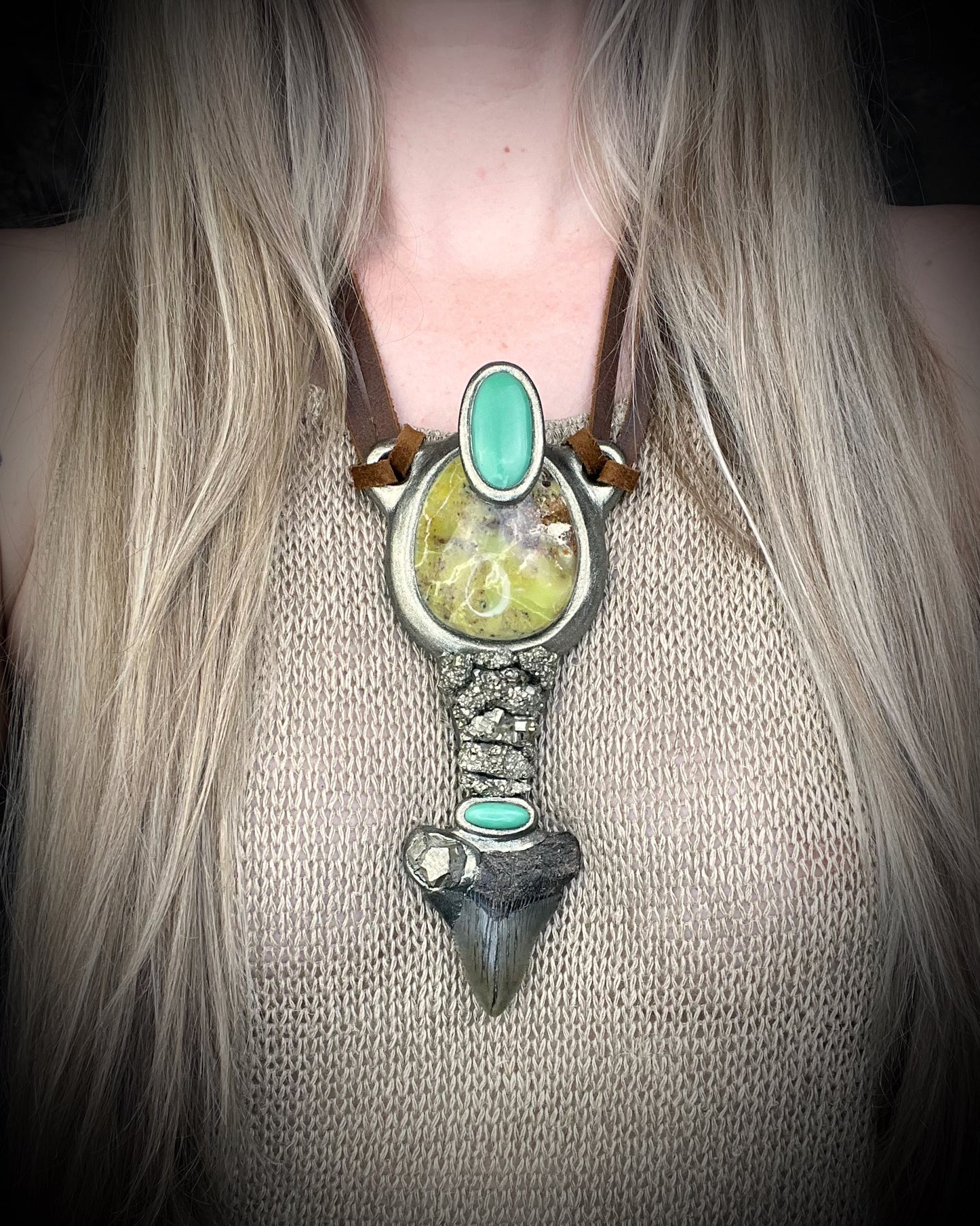 XL Megalodon fossil shark tooth talisman necklace with green opal, chrysoprase, and pyrite on brown leather, fantasy relic statement jewelry handmade in Baltimore Maryland
