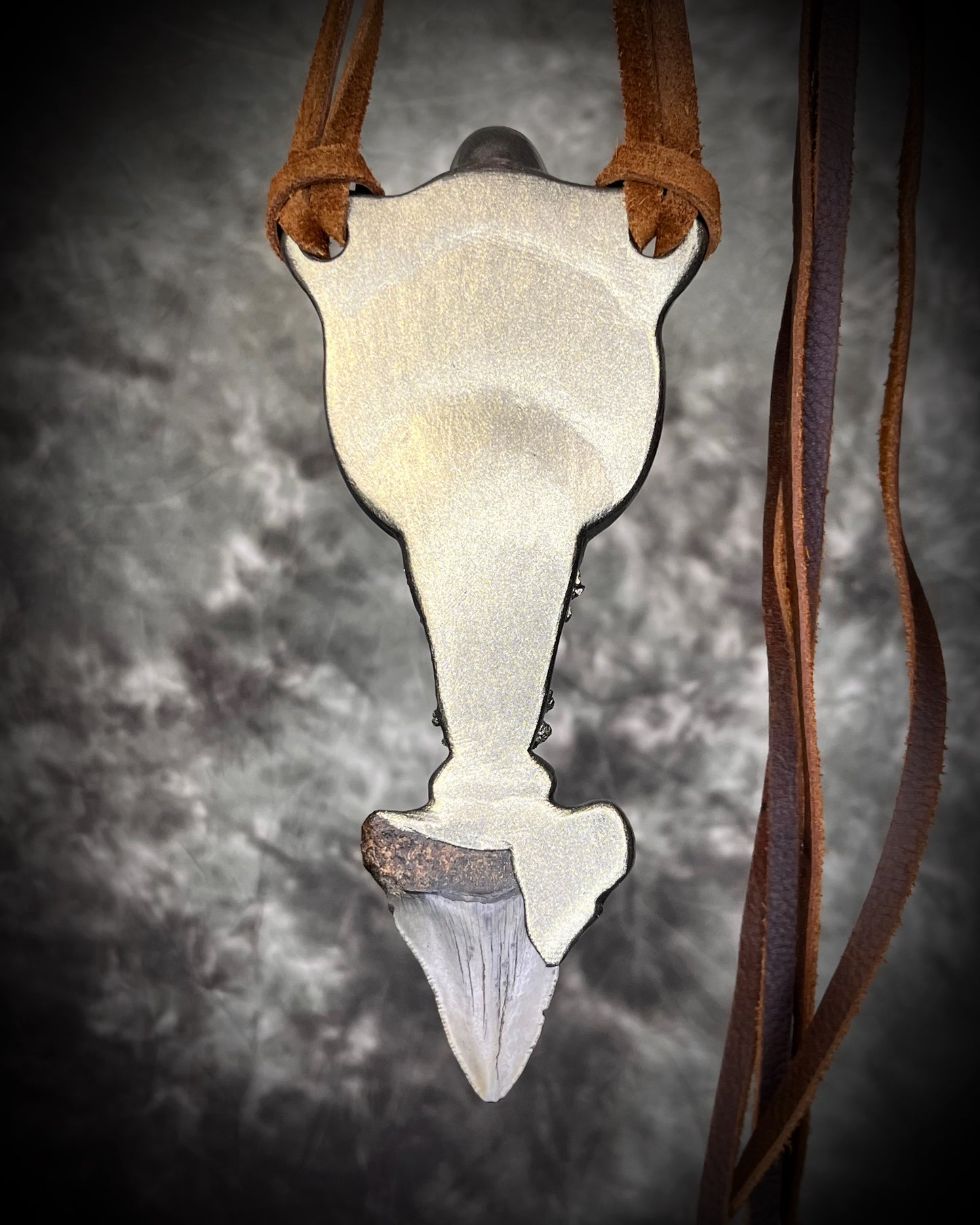 XL Megalodon fossil shark tooth talisman necklace with green opal, chrysoprase, and pyrite on brown leather, fantasy relic statement jewelry handmade in Baltimore Maryland