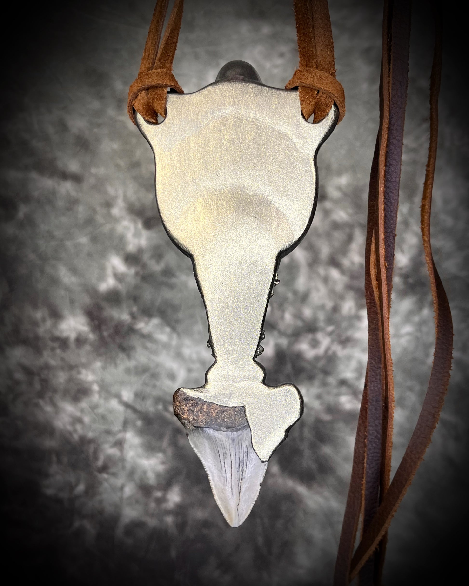 XL Megalodon fossil shark tooth talisman necklace with green opal, chrysoprase, and pyrite on brown leather, fantasy relic statement jewelry handmade in Baltimore Maryland