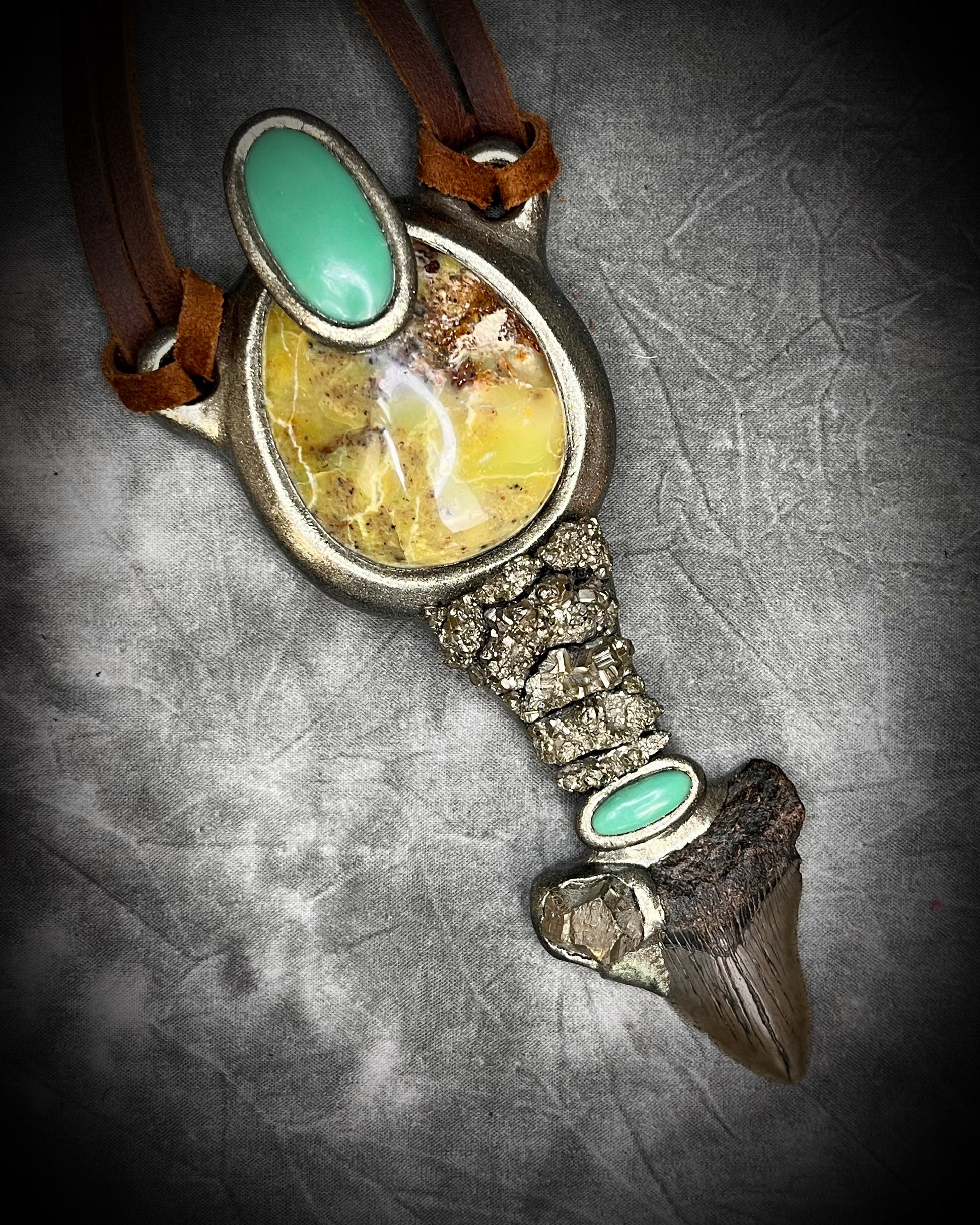 XL Megalodon fossil shark tooth talisman necklace with green opal, chrysoprase, and pyrite on brown leather, fantasy relic statement jewelry handmade in Baltimore Maryland