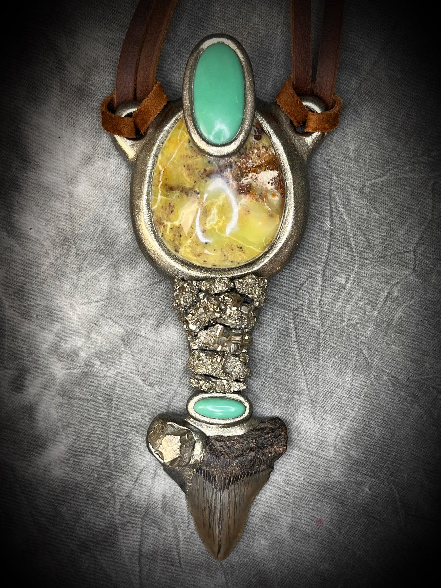 XL Megalodon fossil shark tooth talisman necklace with green opal, chrysoprase, and pyrite on brown leather, fantasy relic statement jewelry handmade in Baltimore Maryland