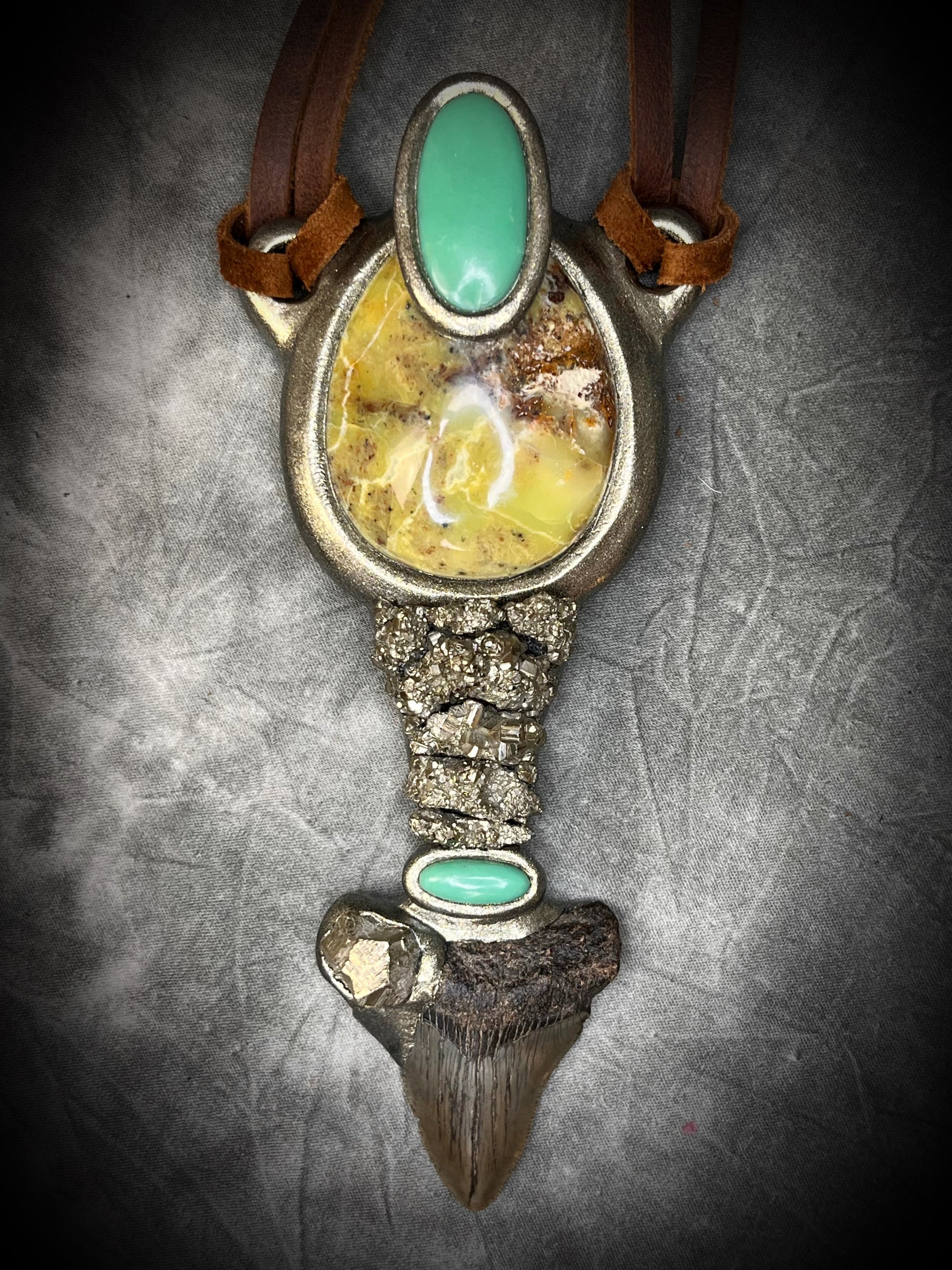 XL Megalodon fossil shark tooth talisman necklace with green opal, chrysoprase, and pyrite on brown leather, fantasy relic statement jewelry handmade in Baltimore Maryland