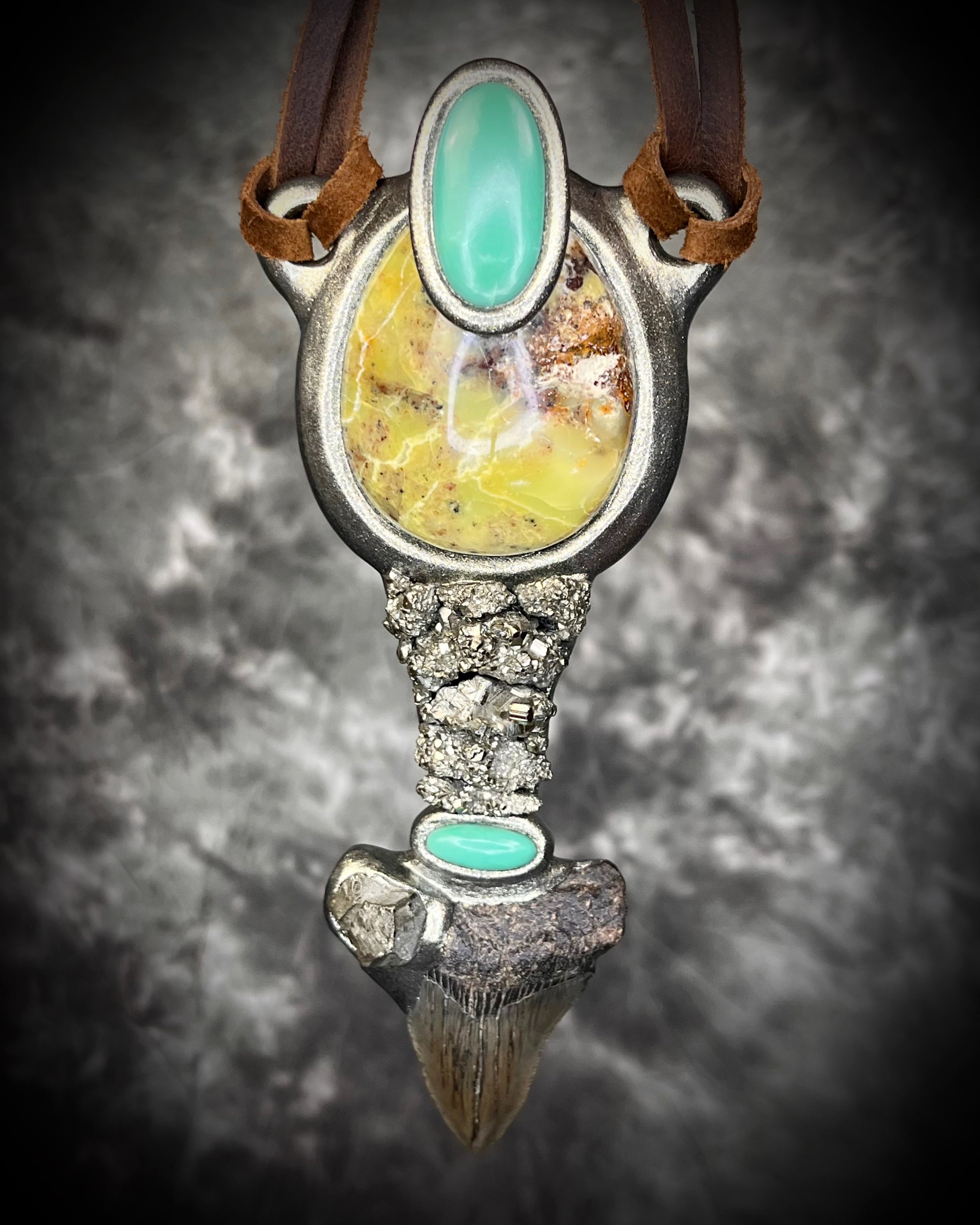 XL Megalodon fossil shark tooth talisman necklace with green opal, chrysoprase, and pyrite on brown leather, fantasy relic statement jewelry handmade in Baltimore Maryland