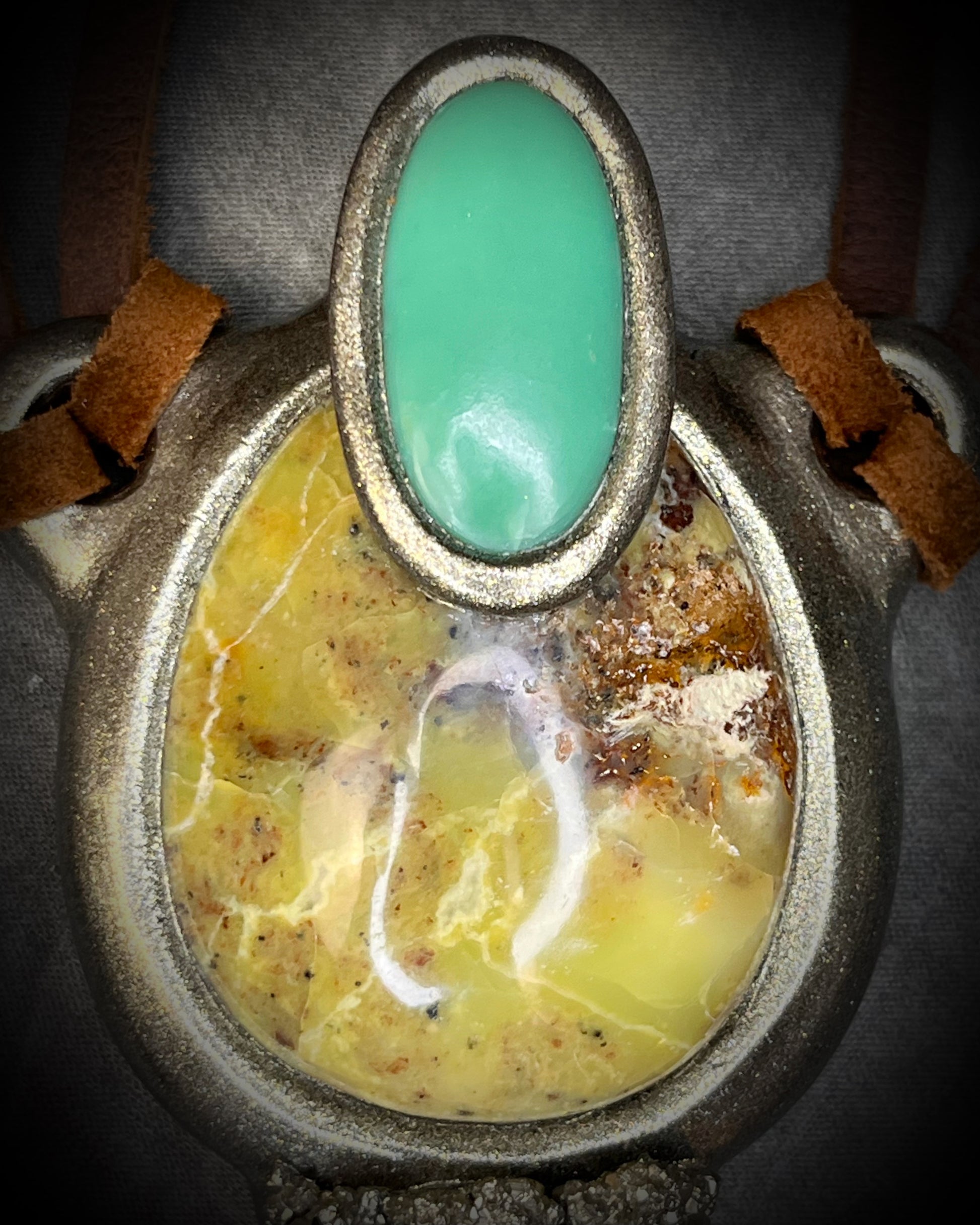 XL Megalodon fossil shark tooth talisman necklace with green opal, chrysoprase, and pyrite on brown leather, fantasy relic statement jewelry handmade in Baltimore Maryland