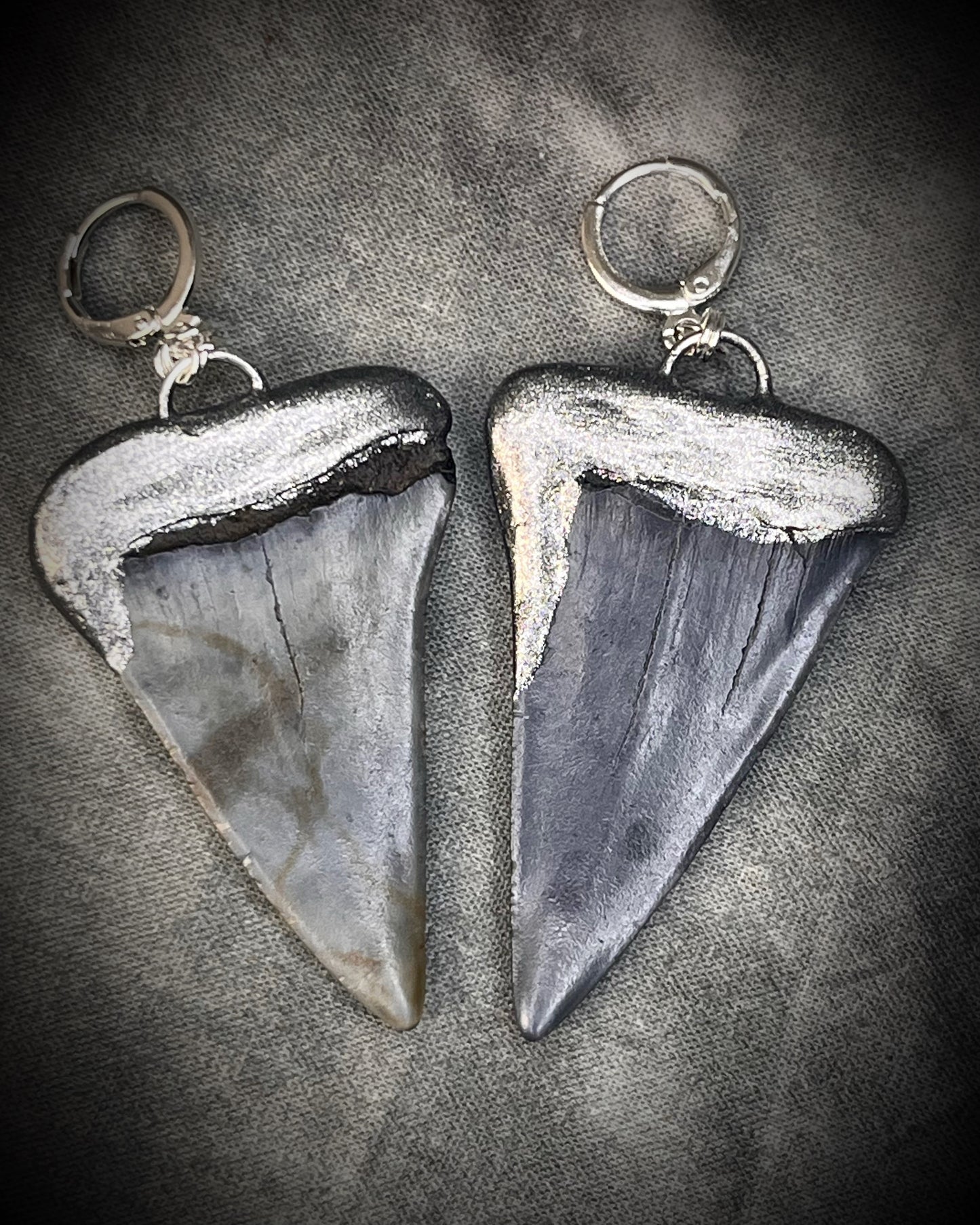 XL mako shark tooth fossil earrings in silver finish with sterling-plated huggie hooks, ocean-inspired statement fossil jewelry handmade in Baltimore Maryland