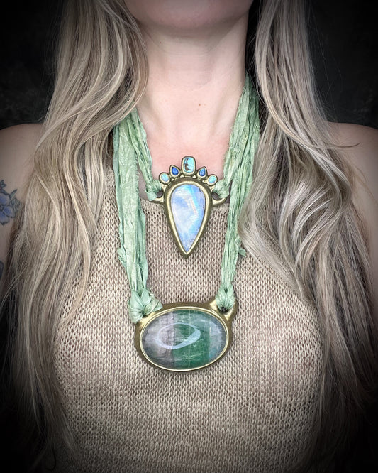 XL rainbow moonstone teardrop necklace with abalone shell and moonstone crown on sea green recycled silk, celestial statement crystal jewelry handmade in Baltimore Maryland 