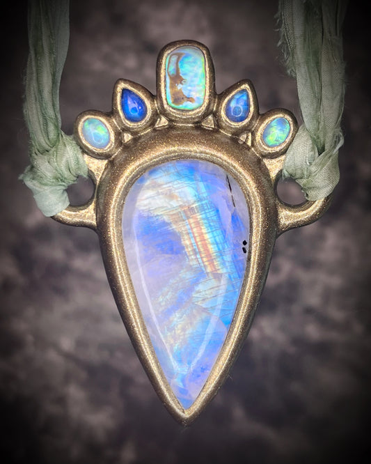 XL rainbow moonstone teardrop necklace with abalone shell and moonstone crown on sea green recycled silk, celestial statement crystal jewelry handmade in Baltimore Maryland