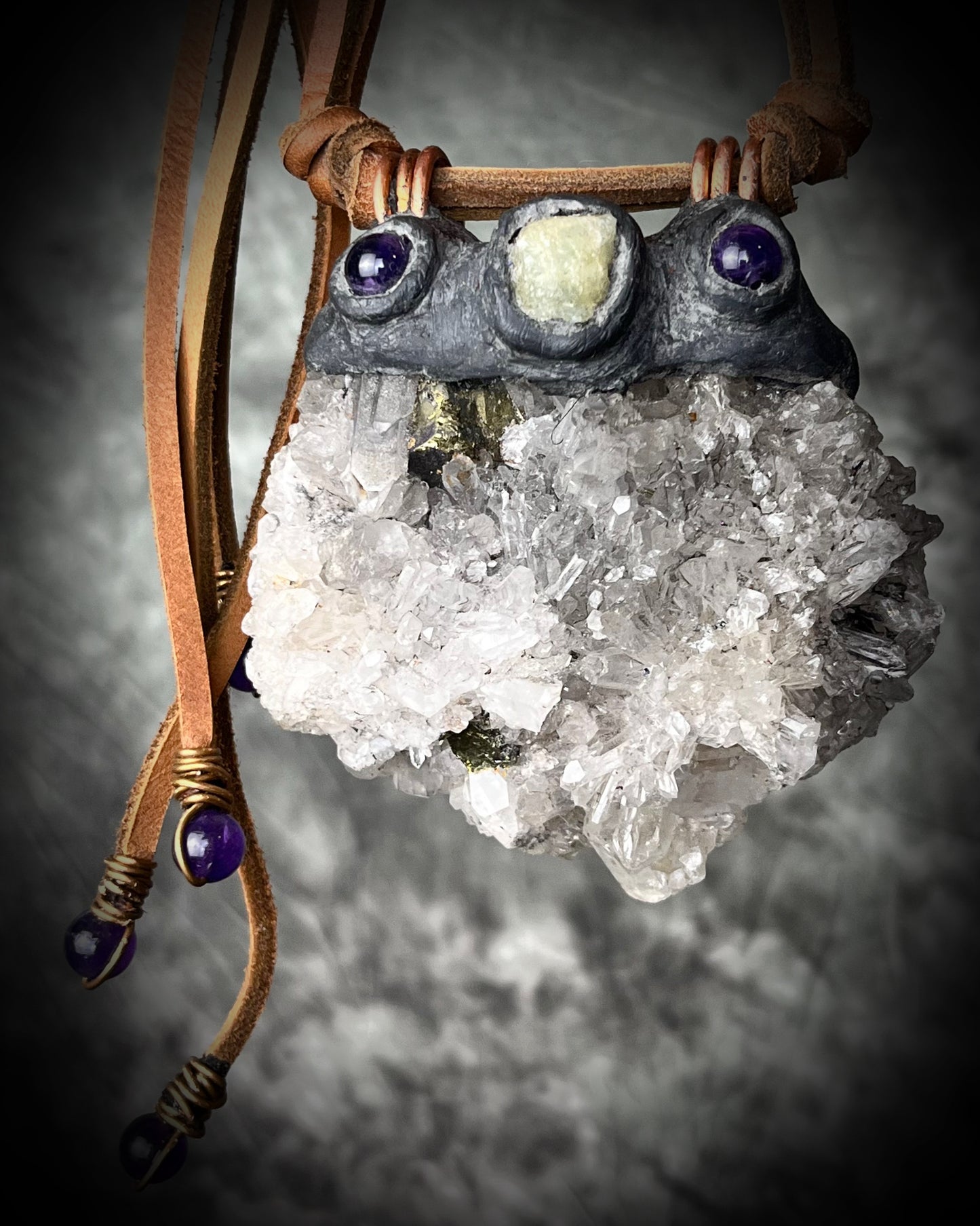 XXL Pyrite-included Quartz cluster necklace with Amethyst and Aquamarine on leather ties with amethyst crystal ends. Holiday gift for the bold!