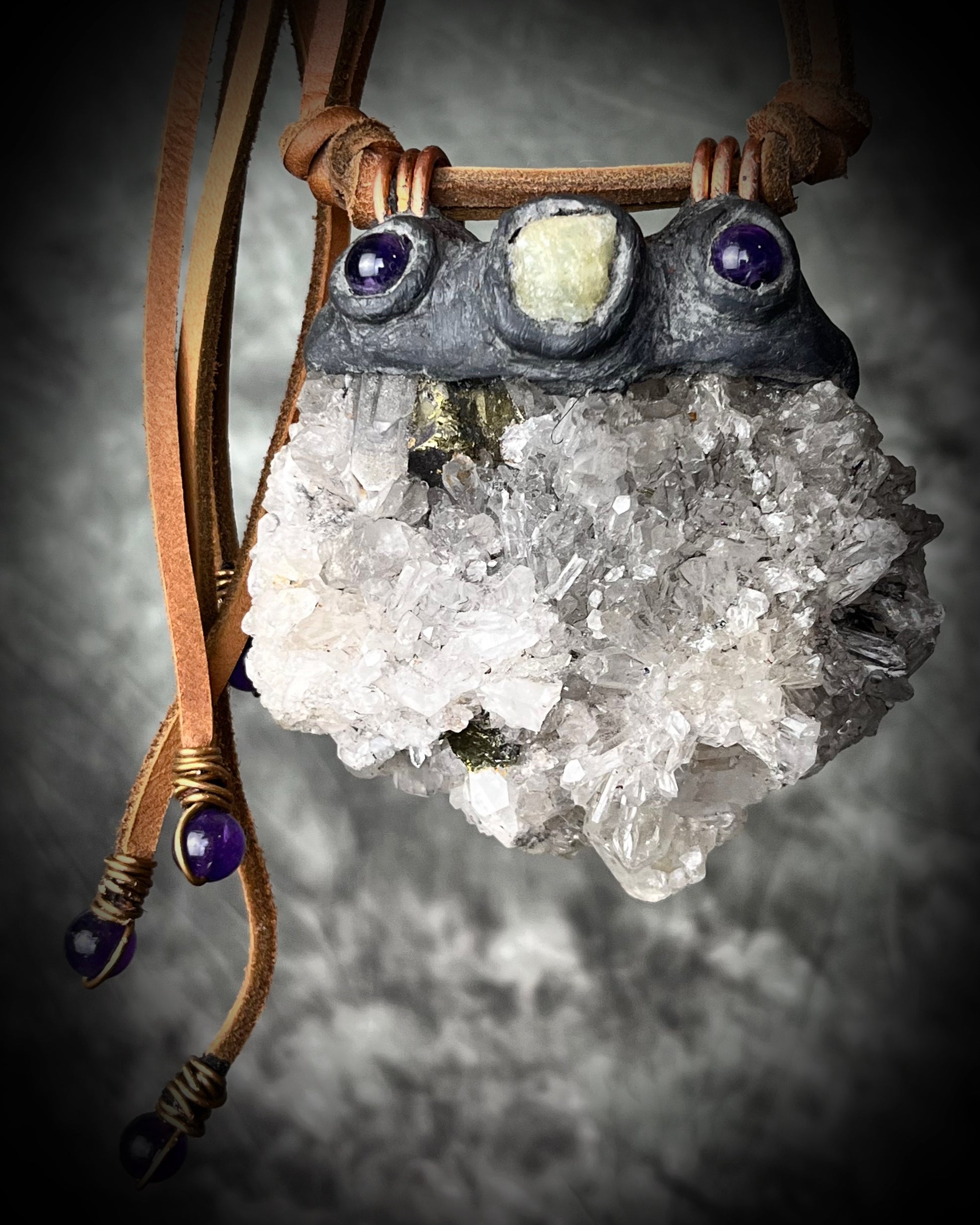 XXL Pyrite-included Quartz cluster necklace with Amethyst and Aquamarine on leather ties with amethyst crystal ends. Holiday gift for the bold!
