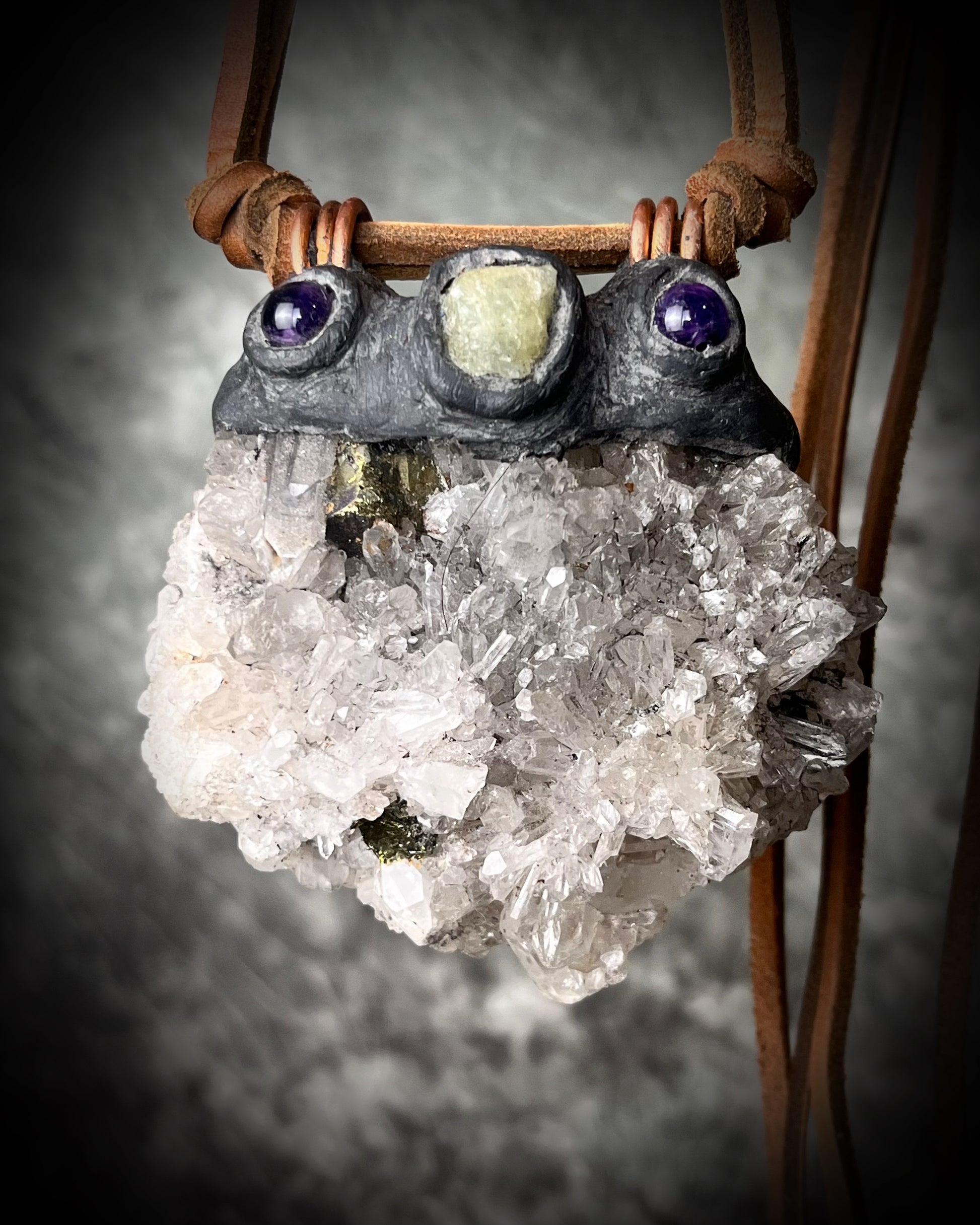 XXL Pyrite-included Quartz cluster necklace with Amethyst and Aquamarine on leather ties with amethyst crystal ends. Holiday gift for the bold! 