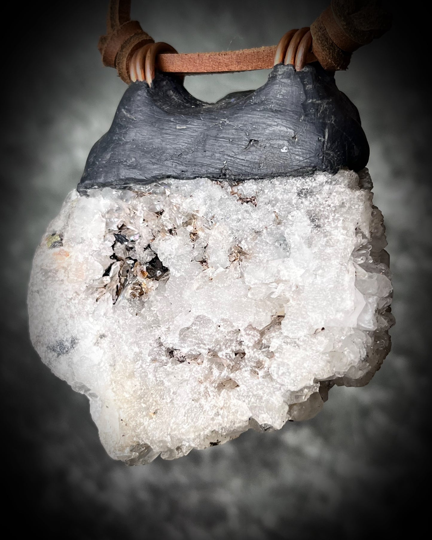 XXL Pyrite-included Quartz cluster necklace with Amethyst and Aquamarine on leather ties with amethyst crystal ends. Holiday gift for the bold!