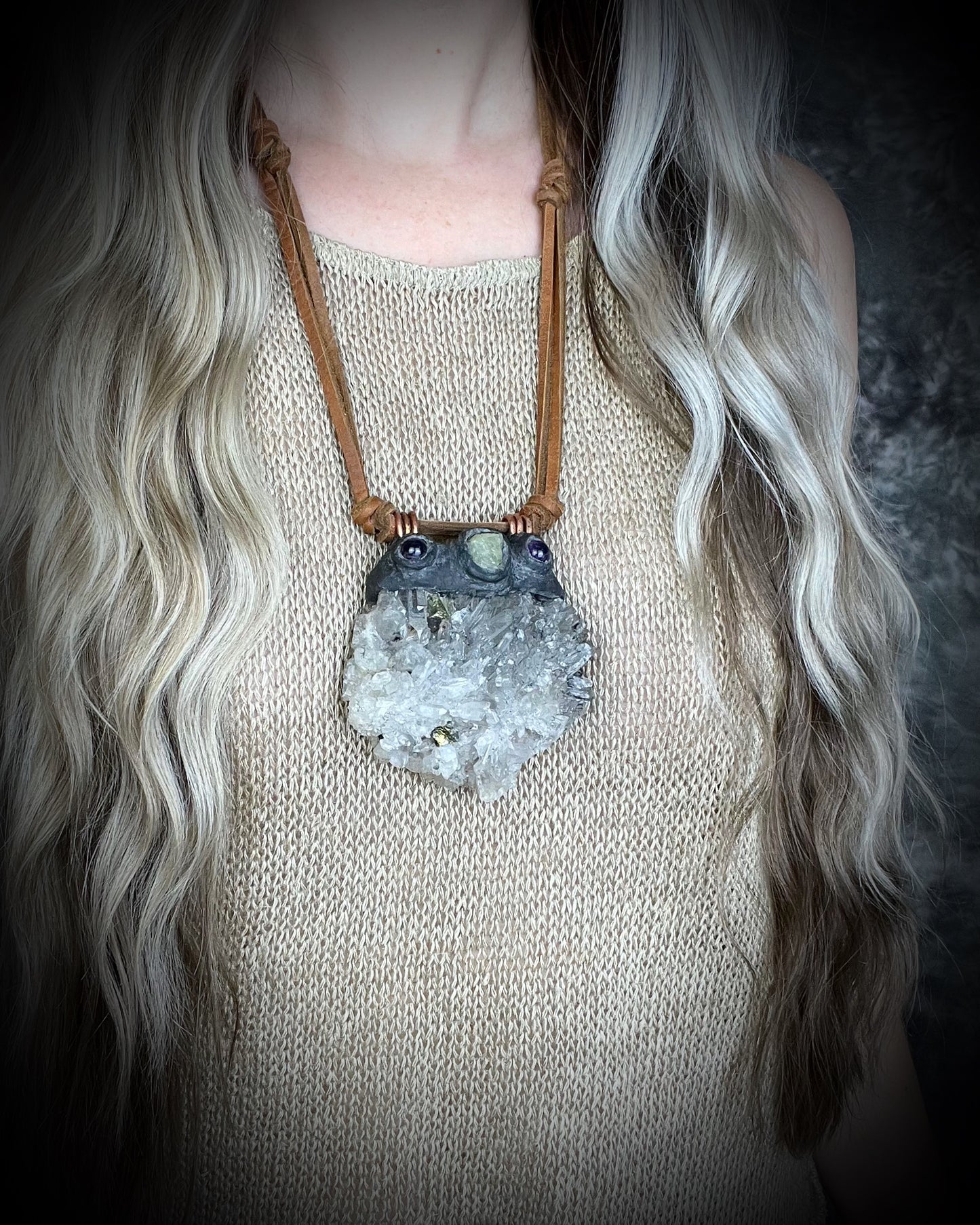 XXL Pyrite-included Quartz cluster necklace with Amethyst and Aquamarine on leather ties with amethyst crystal ends. Holiday gift for the bold! model shot