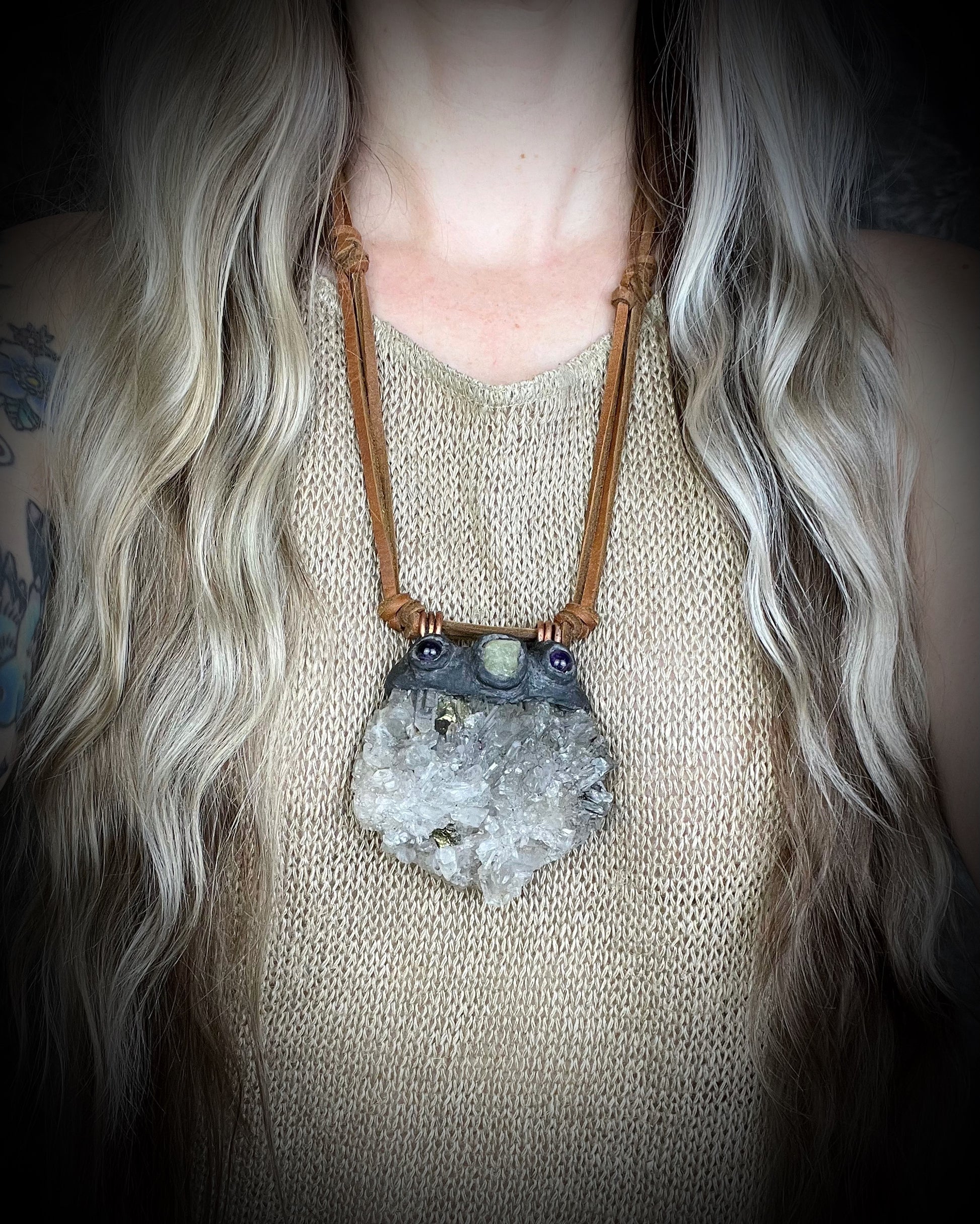 XXL Pyrite-included Quartz cluster necklace with Amethyst and Aquamarine on leather ties with amethyst crystal ends. Holiday gift for the bold! model shot 
