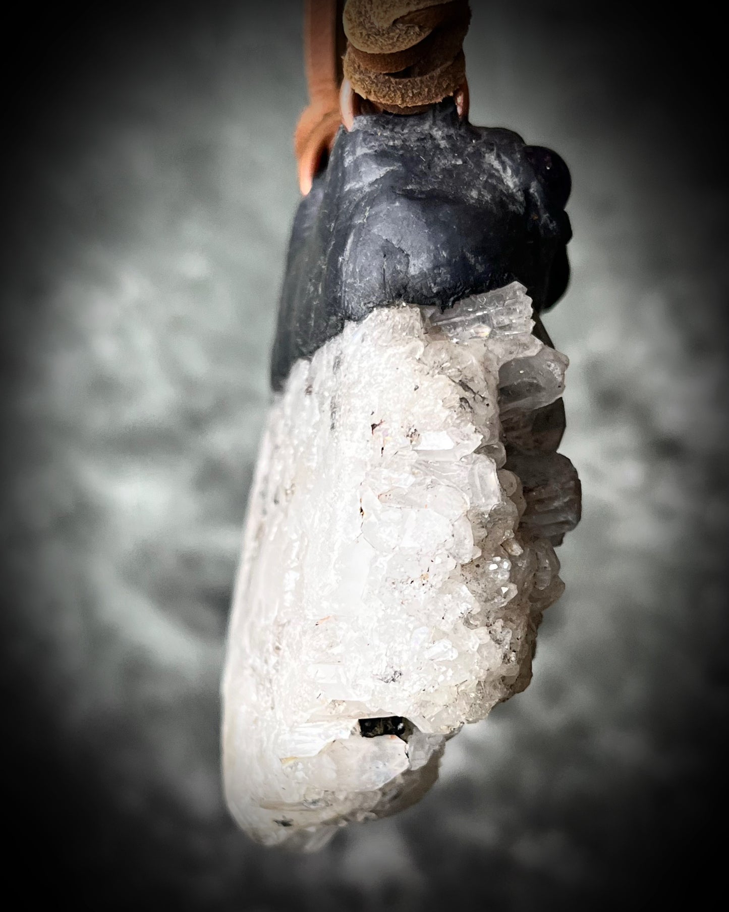 XXL Pyrite-included Quartz cluster necklace with Amethyst and Aquamarine on leather ties with amethyst crystal ends. Holiday gift for the bold! 