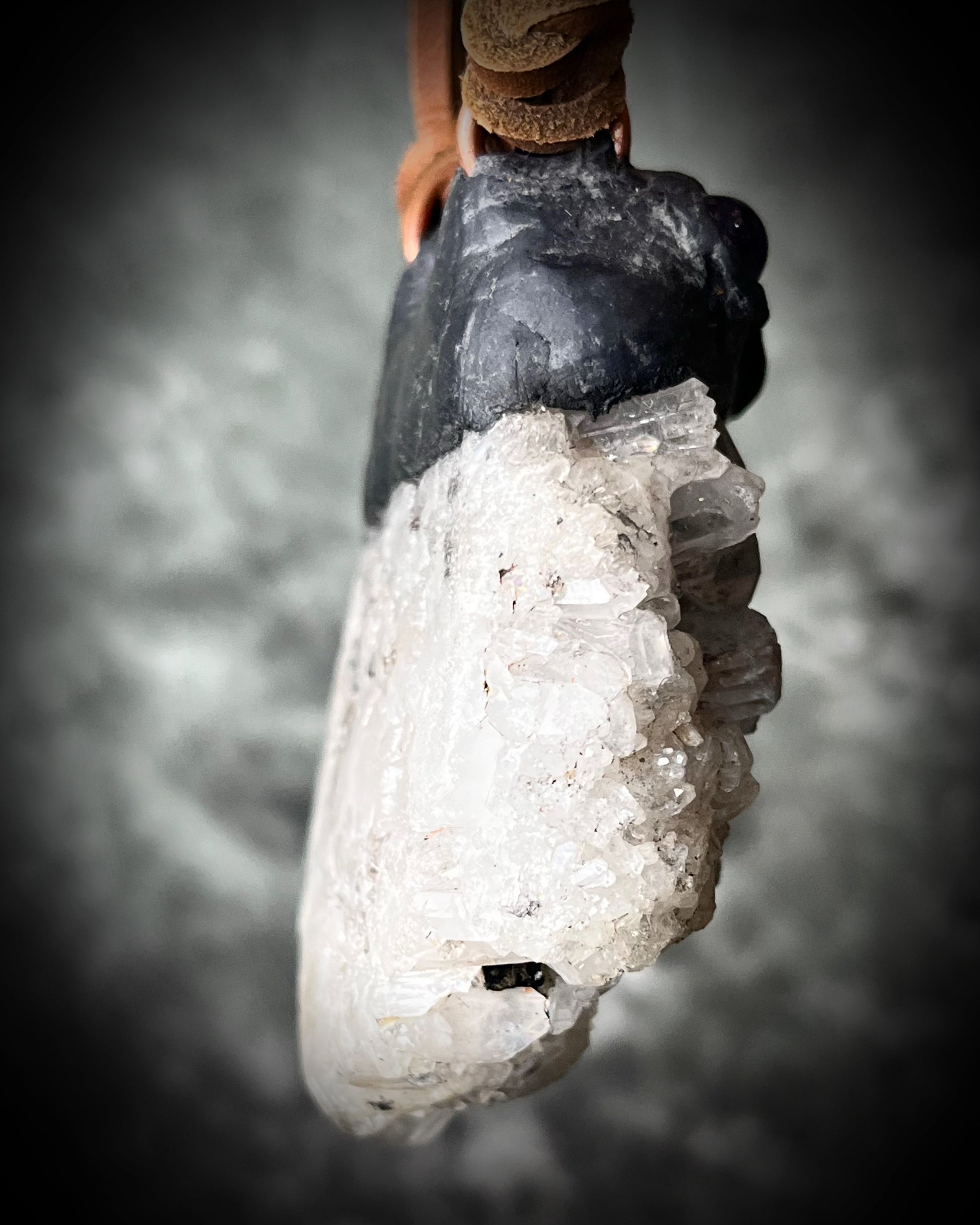 XXL Pyrite-included Quartz cluster necklace with Amethyst and Aquamarine on leather ties with amethyst crystal ends. Holiday gift for the bold! 