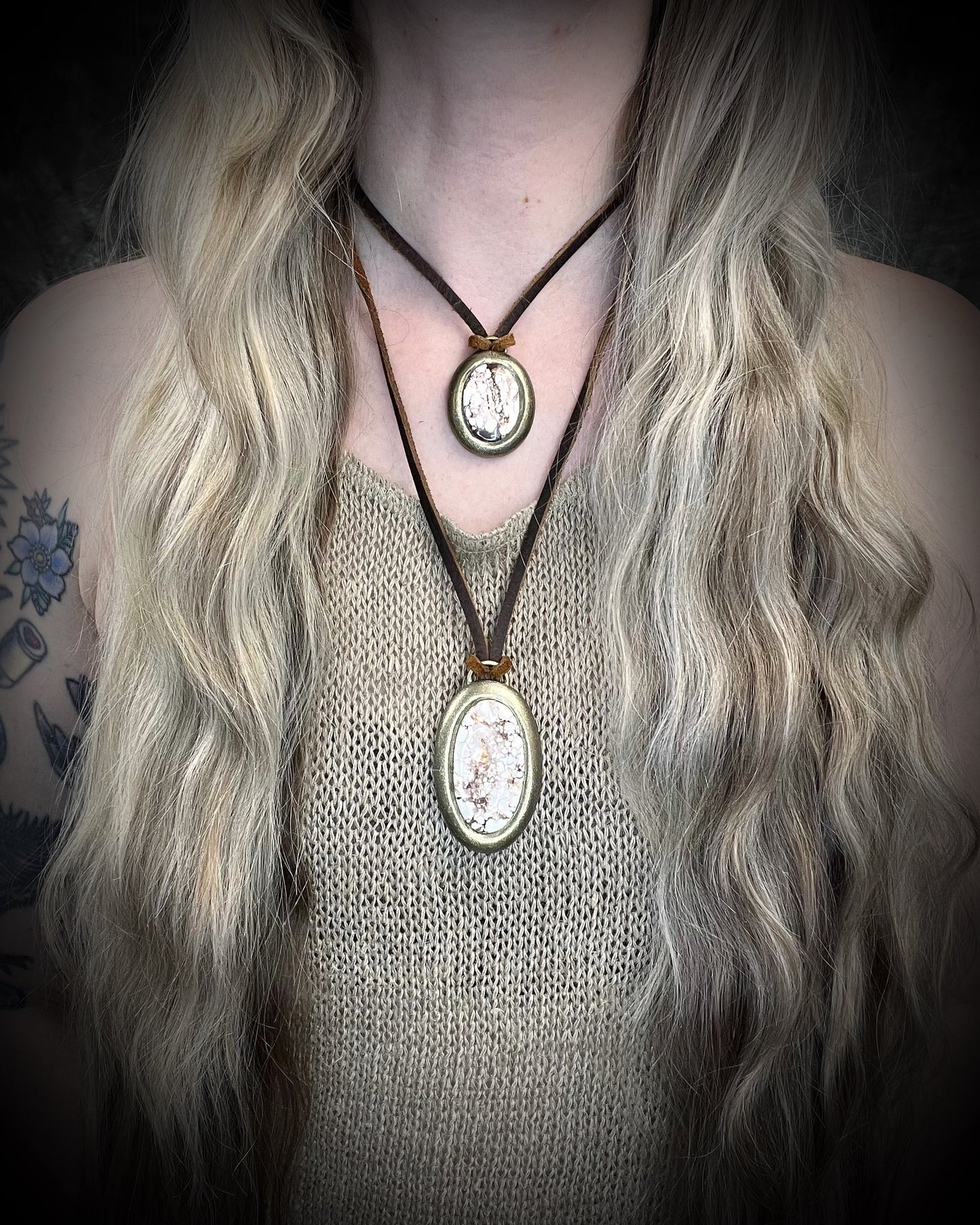 Year of the Horse inspired layering necklaces featuring Wild Horse Magnesite crystals, in a gold settings and hung from earthy brown leather. Talismans for wild hearts and boho western fashion. 