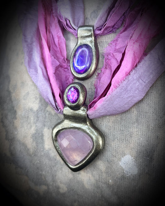 Oval handmade designer amethyst birthstone, summer, travel or bridal necklace, in gold finish on lilac and pink recycled silk for eco-friendly boho style!