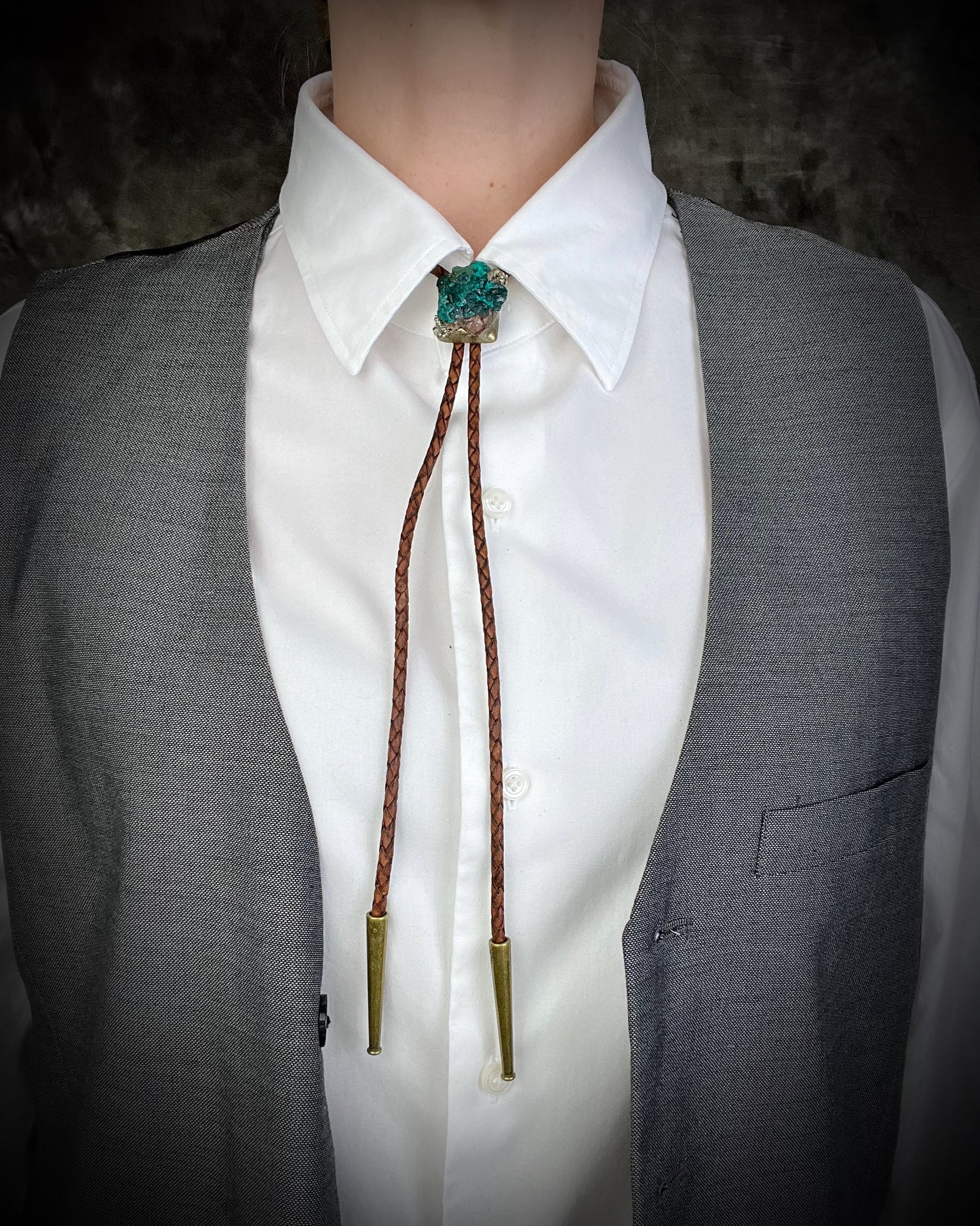 Dioptase and Pyrite bolo tie on brown leather – unique handmade bolo necklace, artisan gemstone bolo tie jewelry, mystical men’s bolo for bold style.