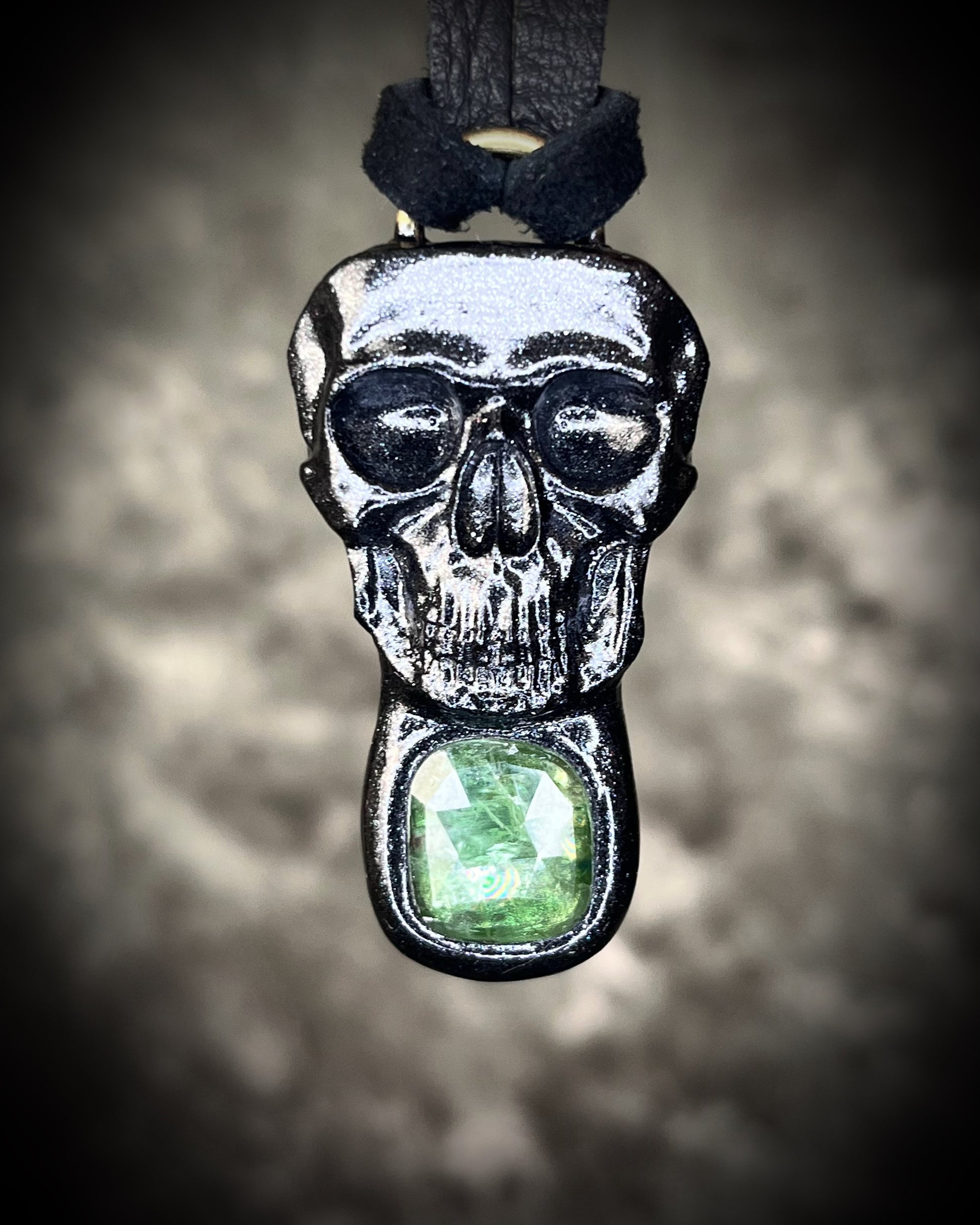 Black skull and green kyanite crystal necklace on black leather.  Macabre gothic jewelry for her, halloween gemstone jewelry for fall 2025 gift for him.