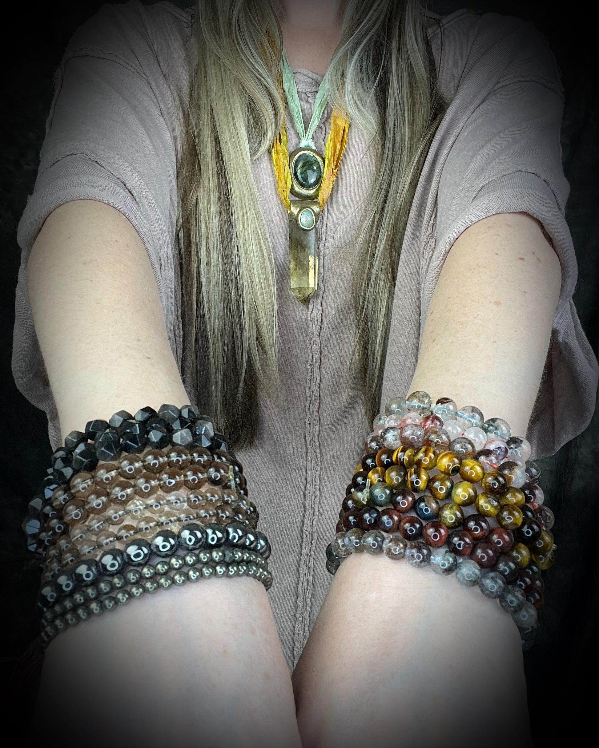 Rainbow stone crystal stacking bracelets for joy abundance and gemstone healing!  Beaded natural crystal bracelets. 