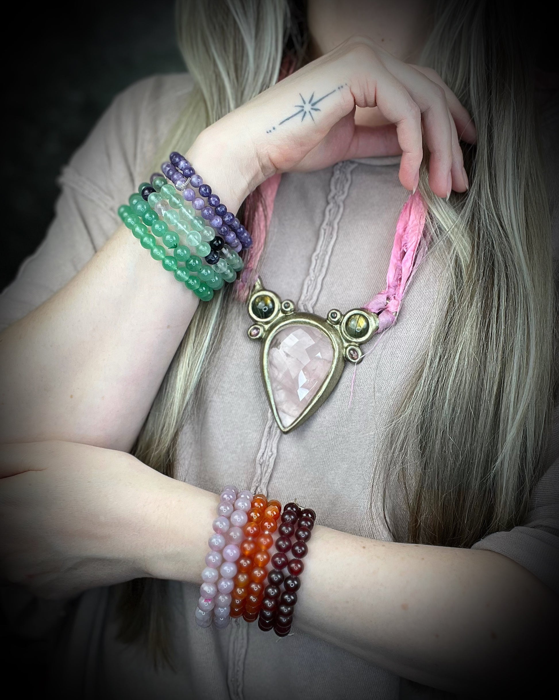 Rainbow stone crystal stacking bracelets for joy abundance and gemstone healing!  Beaded natural crystal bracelets. 