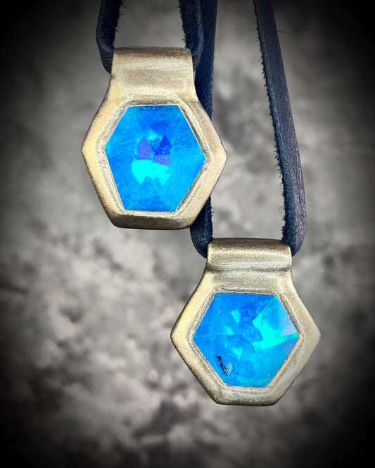 Quartz crystal Turquoise Flash handmade Gold necklace, hung from leather or recycled silk for a personalized and customizable boho vibe.  Best jewelry in Baltimore for summer, travel, pregnancy or everyday magic!