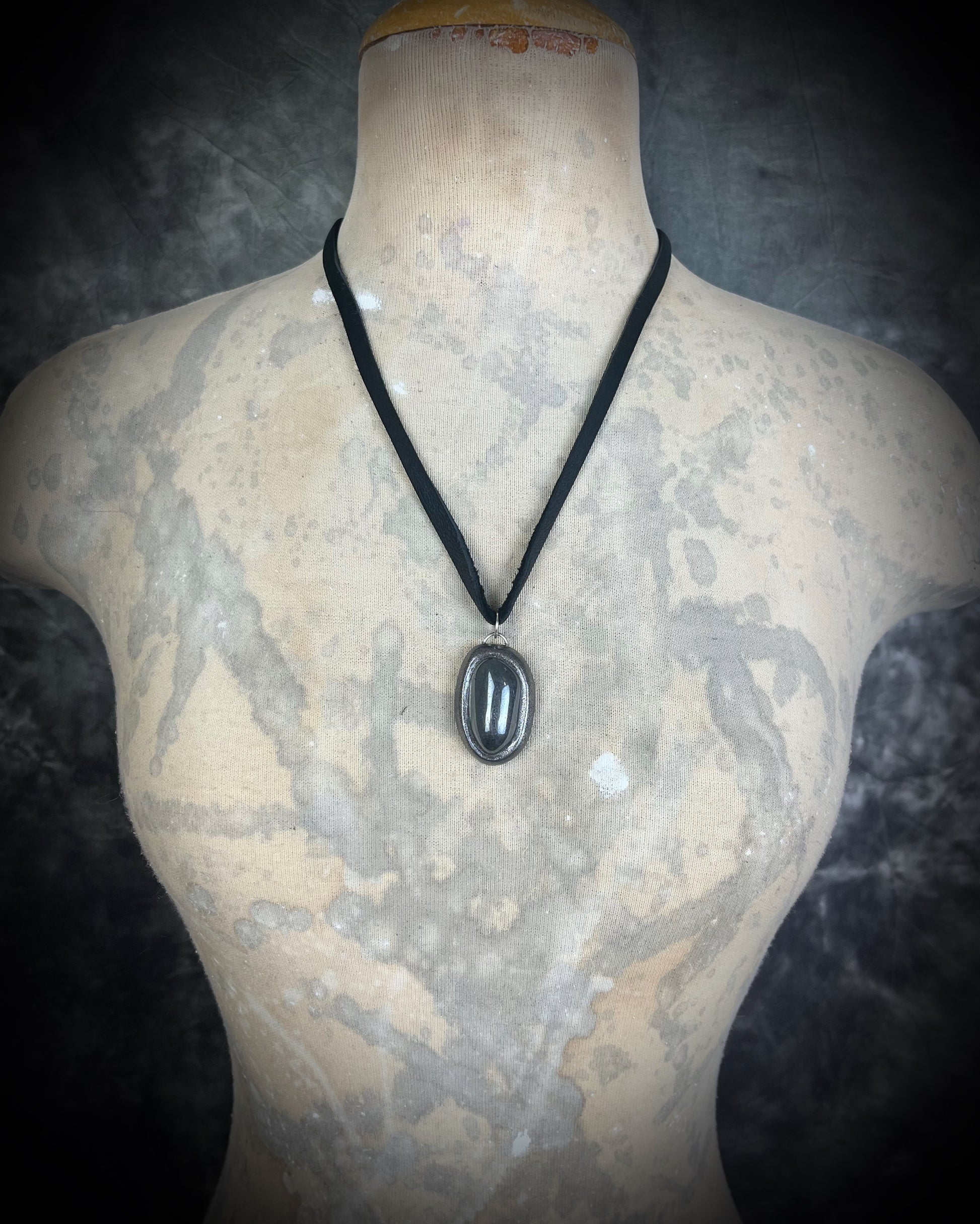 Silver handmade hematite protection stone necklace on black leather, handmade gift for her.