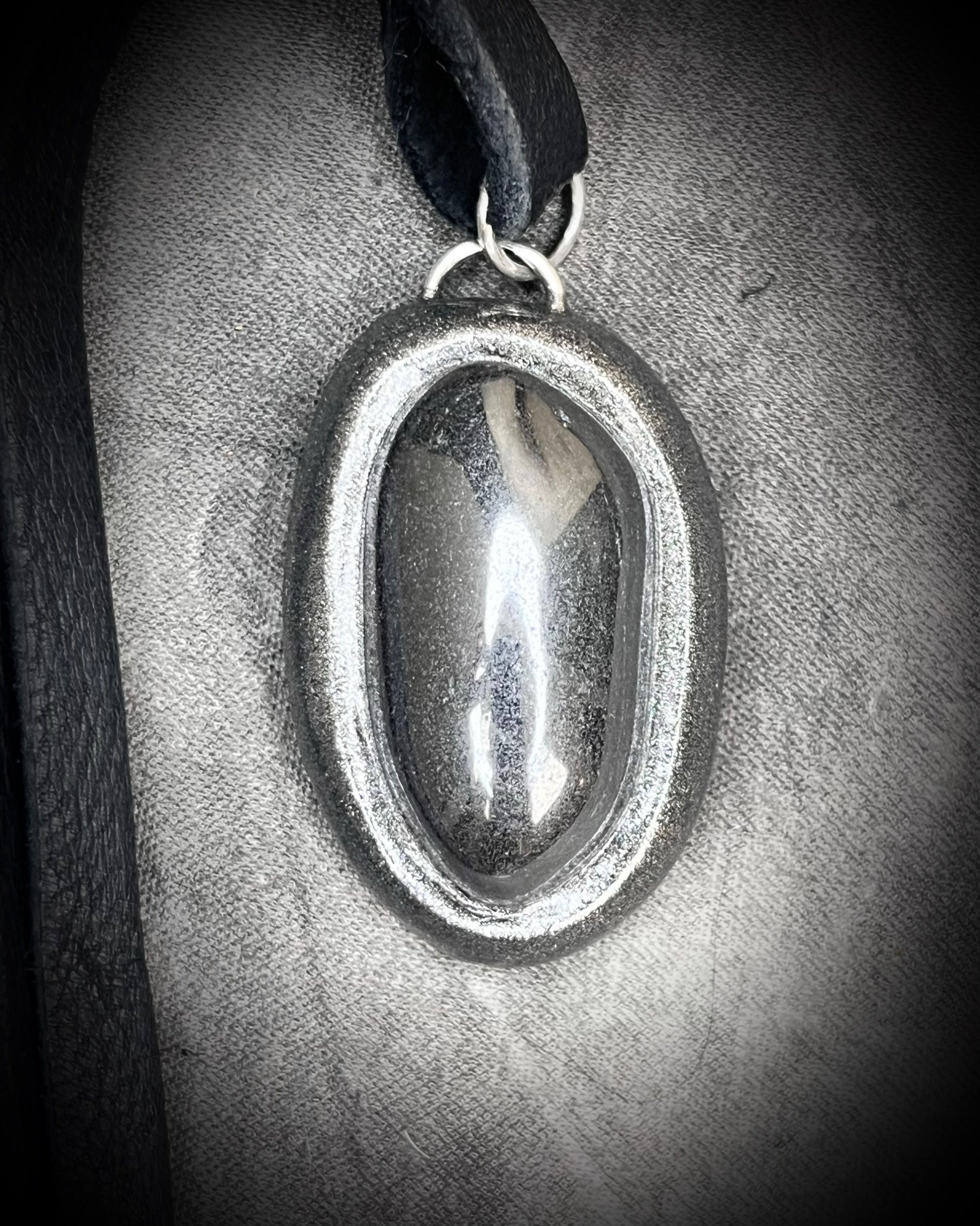 Silver handmade hematite protection stone necklace on black leather, handmade gift for her.