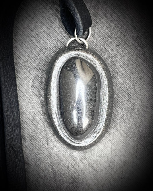 Silver handmade hematite protection stone necklace on black leather, handmade gift for her.