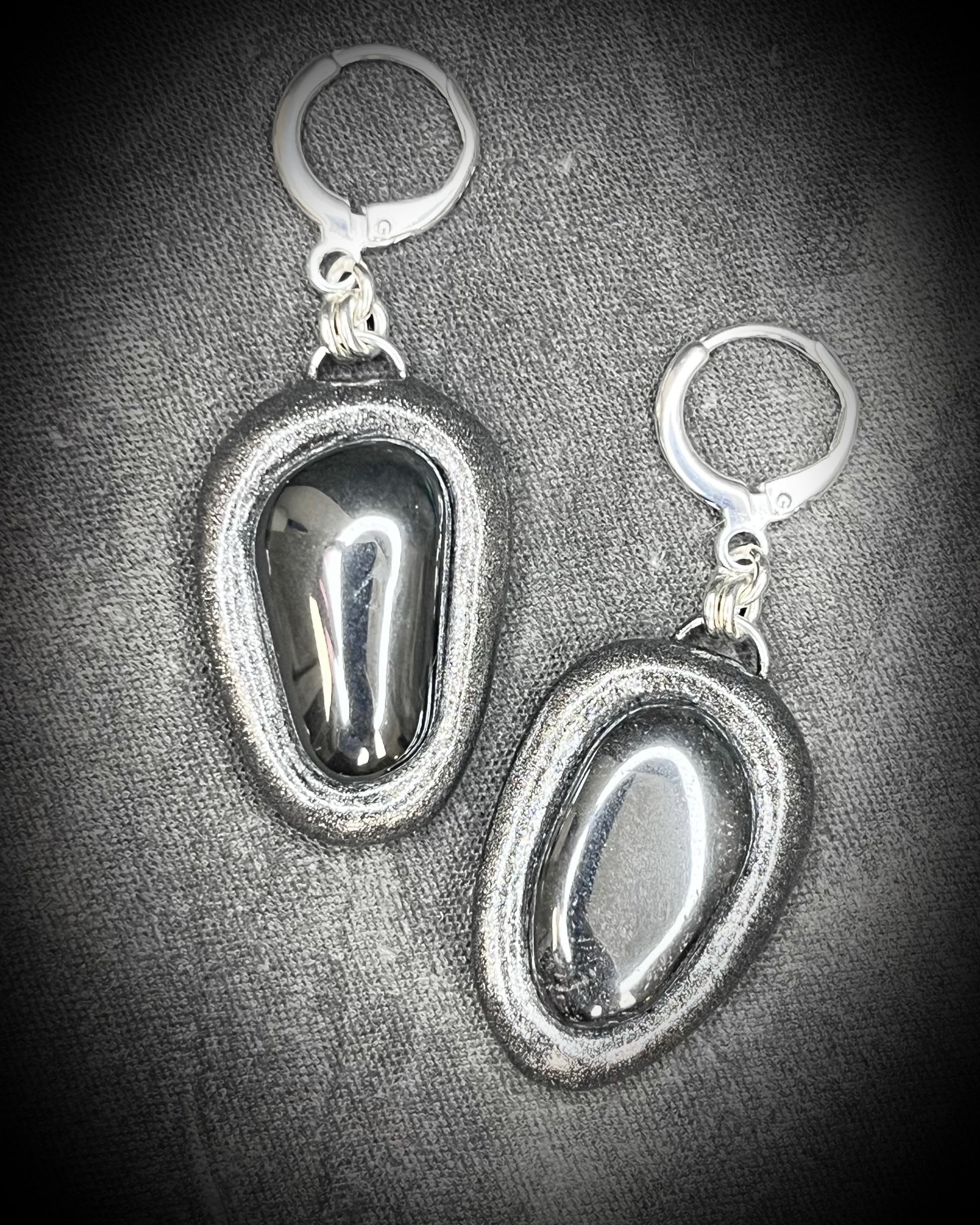Pair of silver handmade earrings with hematite protection stones, handmade gift for her.