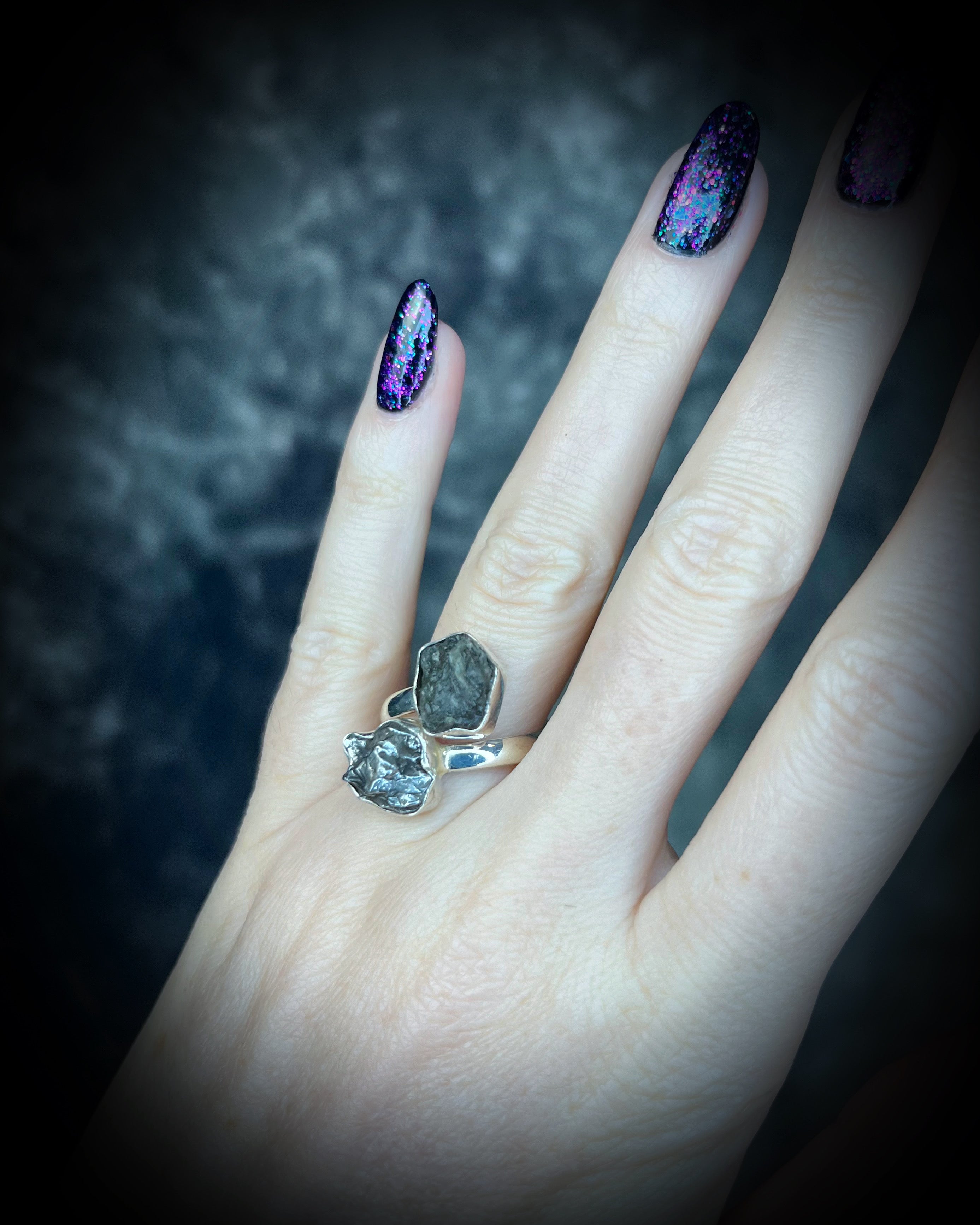 Moldavite and Meteorite Adjustable Sterling Silver Ring