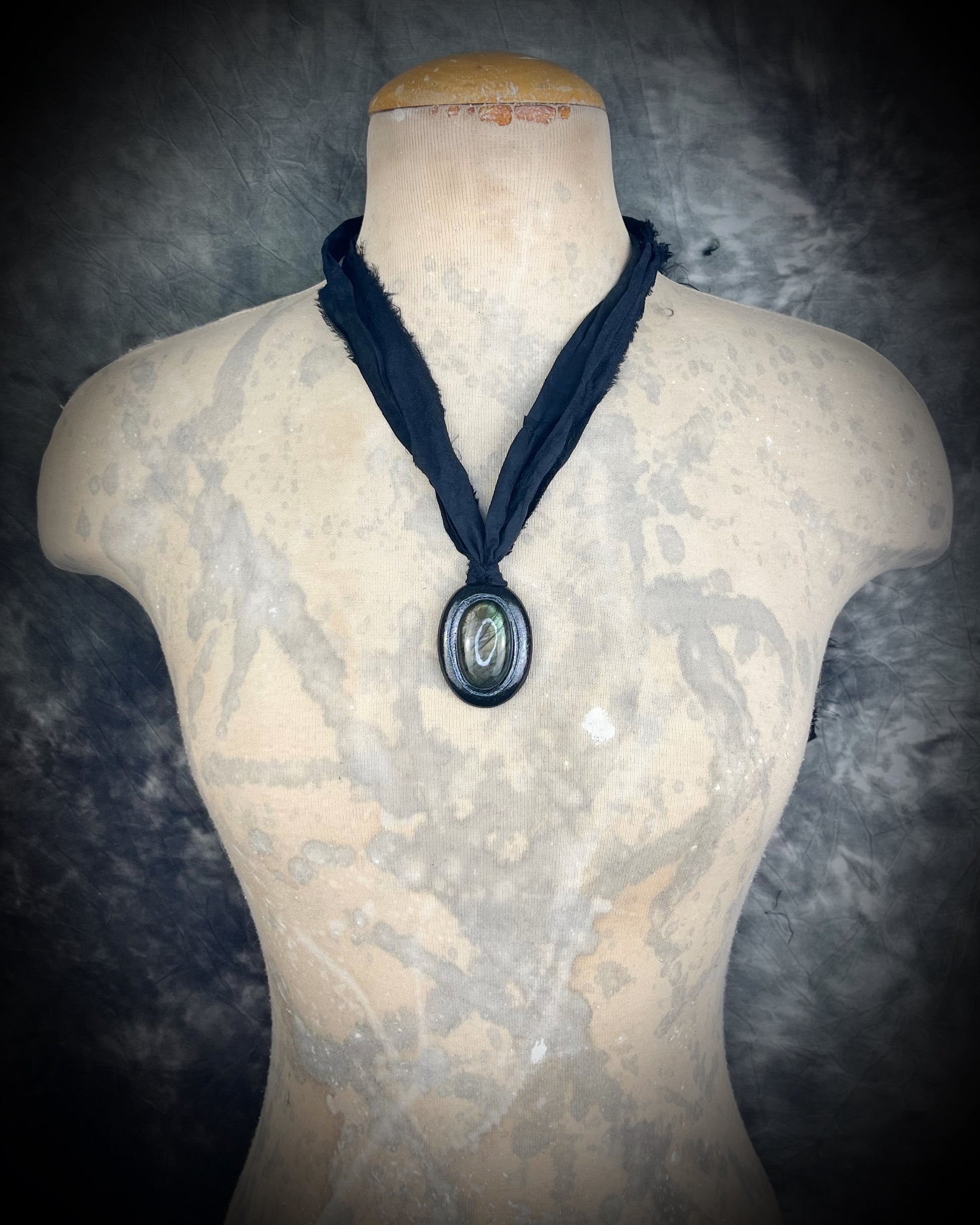 Labradorite crystal healing handmade friendship necklaces or bag charm, recycled silk pendant accessory. Best jewelry for travel or festival, summer jewelry.  