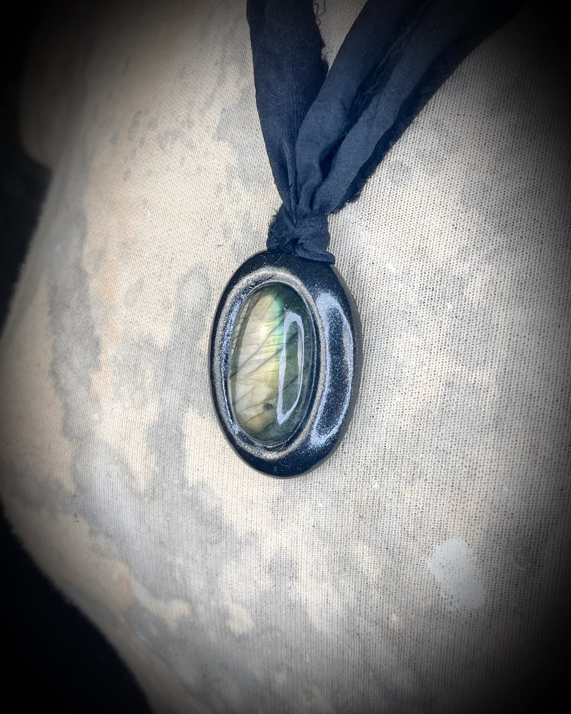 Labradorite crystal healing handmade friendship necklaces or bag charm, recycled silk pendant accessory. Best jewelry for travel or festival, summer jewelry.  