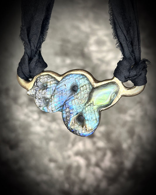Labradorite snake necklace on black recycled silk, handmade serpent necklace with natural gemstone for witchy babes, best goth gift for her.  