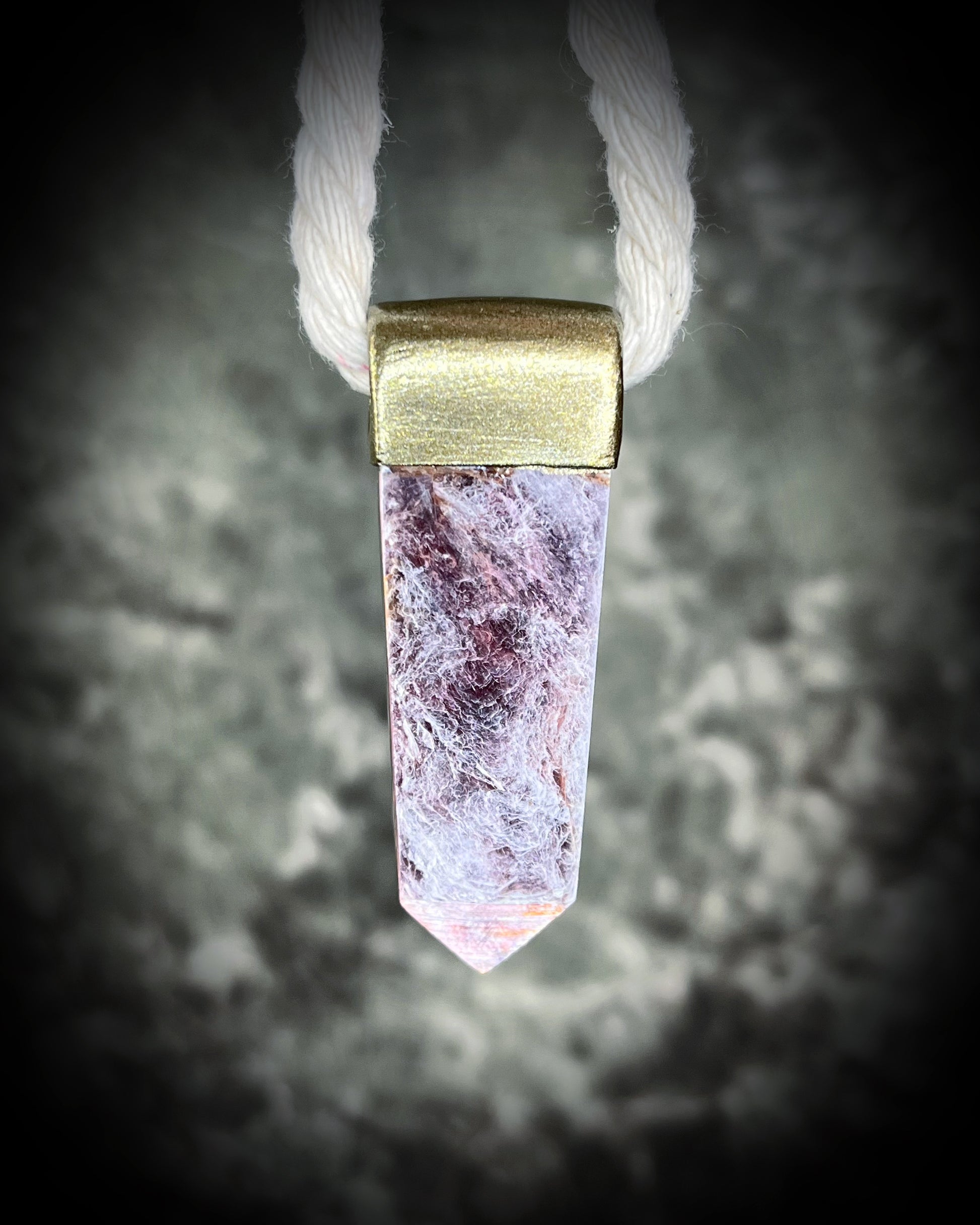 Handmade lepidolite anti-anxiety designer crystal necklace in a silver finish strung from grey cotton rope.  Perfect for pregnancy jewelry or meditation.