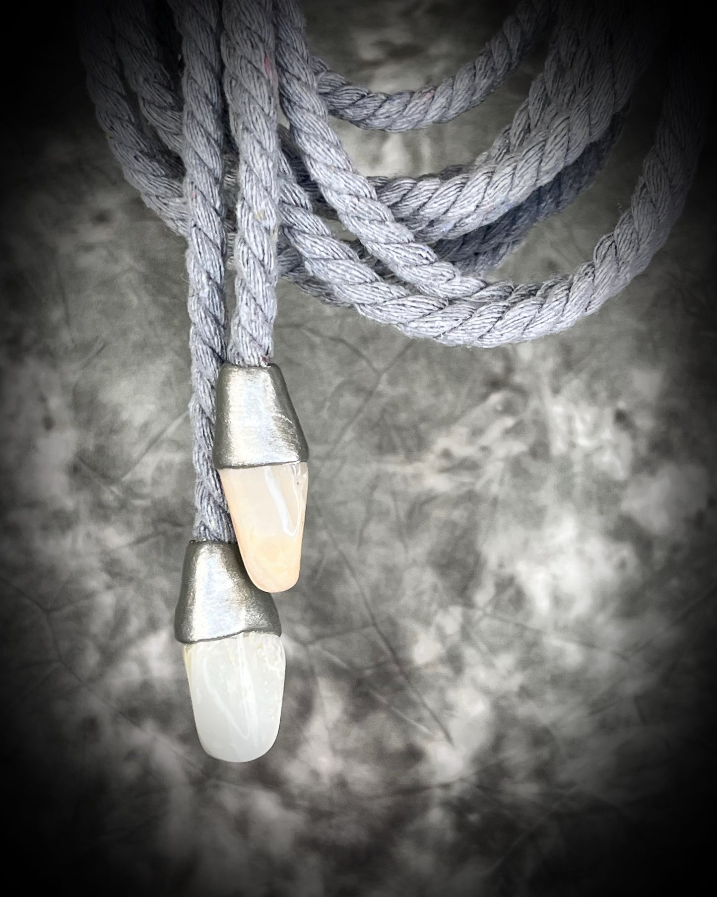 Versatile rope accessory for everyday, festival, cosplay or renaissance festival, adorned with moonstone crystals. Wear as a belt, necklace, hat band or head wrap, decoration, bondage rope or harness.