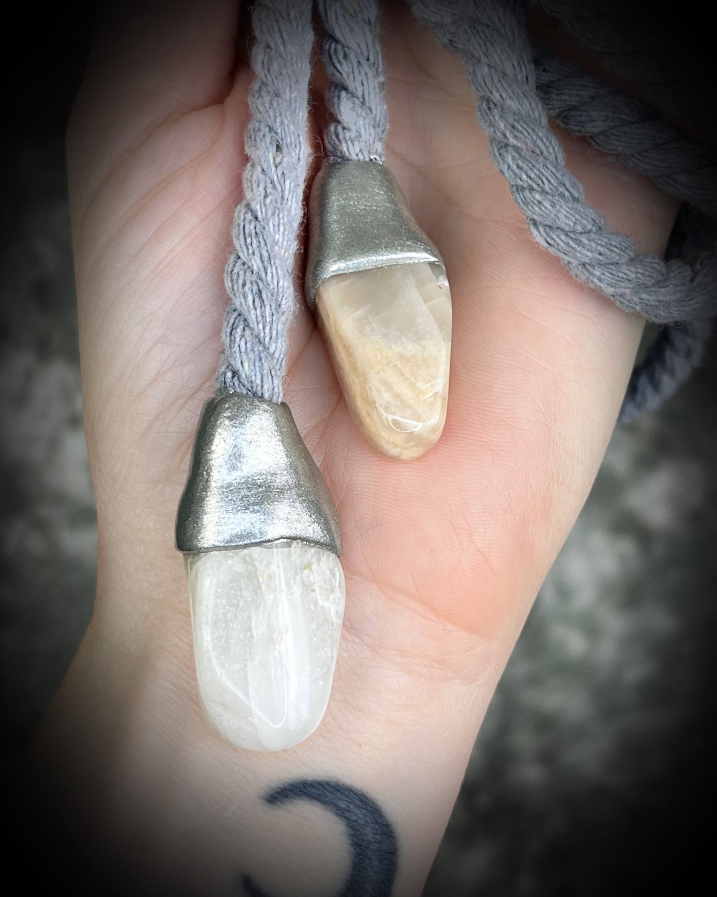 Versatile rope accessory for everyday, festival, cosplay or renaissance festival, adorned with moonstone crystals. Wear as a belt, necklace, hat band or head wrap, decoration, bondage rope or harness.