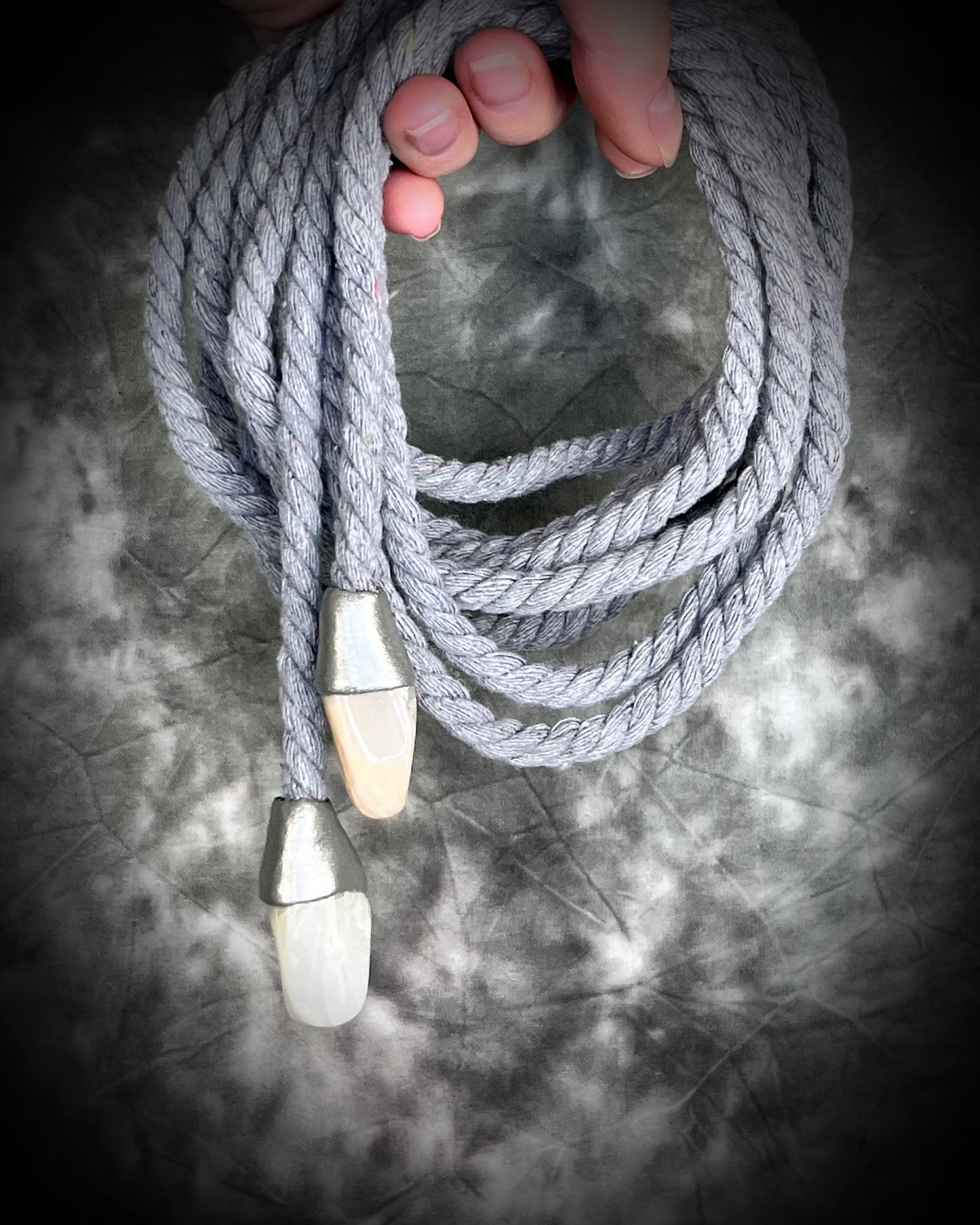 Versatile rope accessory for everyday, festival, cosplay or renaissance festival, adorned with moonstone crystals. Wear as a belt, necklace, hat band or head wrap, decoration, bondage rope or harness.