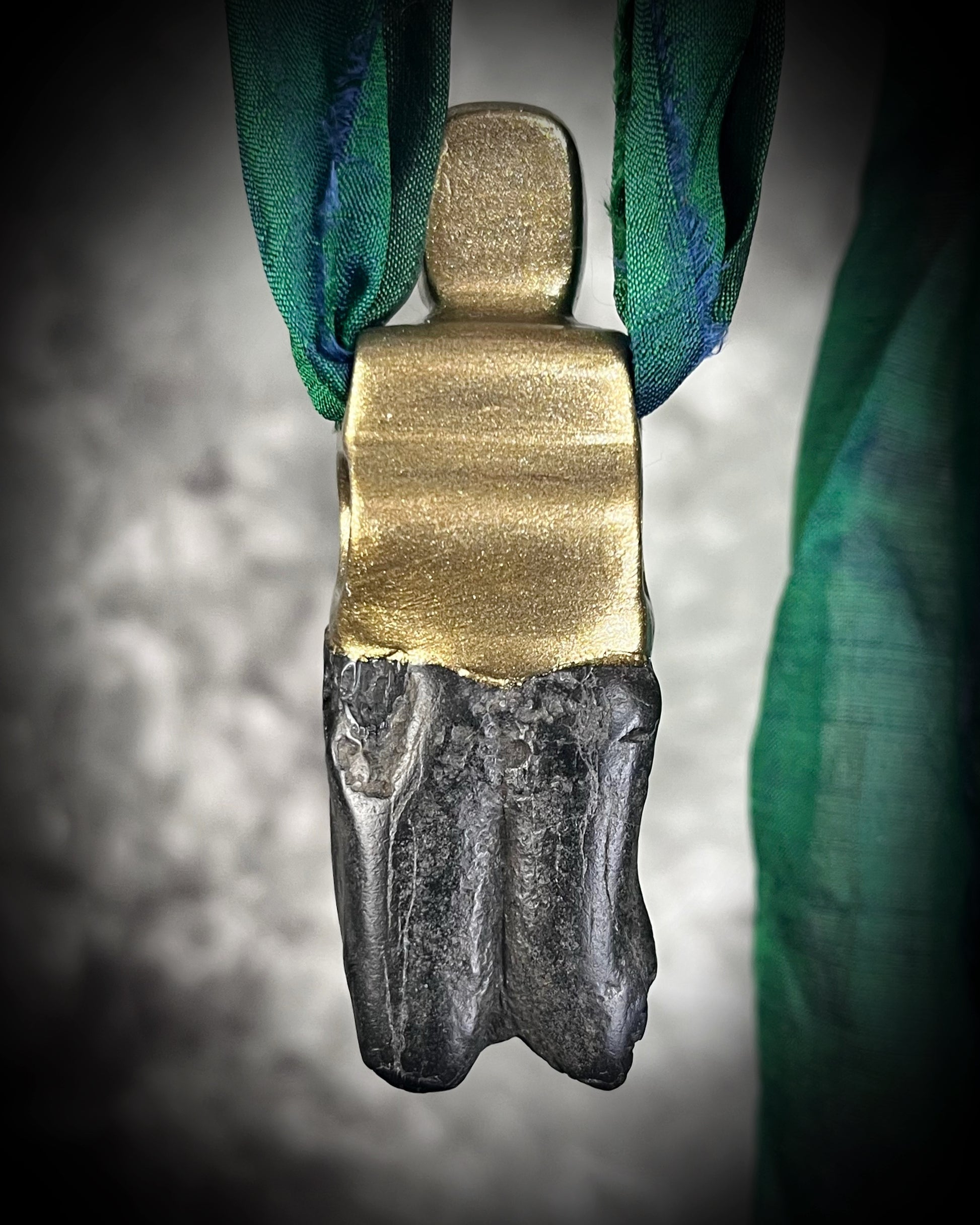 Equus horse tooth fossil talisman necklace with orange kyanite and green dioptase crystals in a gold-tone setting, hung on green recycled silk — handmade statement fossil jewelry.