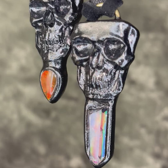 Black skull and red opalized ammolite gem necklace on black recycled silk.  Macabre gothic jewelry for her, halloween gemstone jewelry for fall 2025 gift for him.