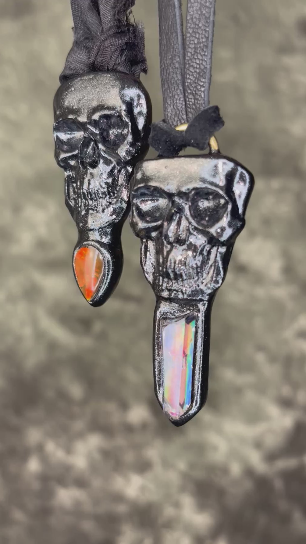 Black skull and red opalized ammolite gem necklace on black recycled silk.  Macabre gothic jewelry for her, halloween gemstone jewelry for fall 2025 gift for him.