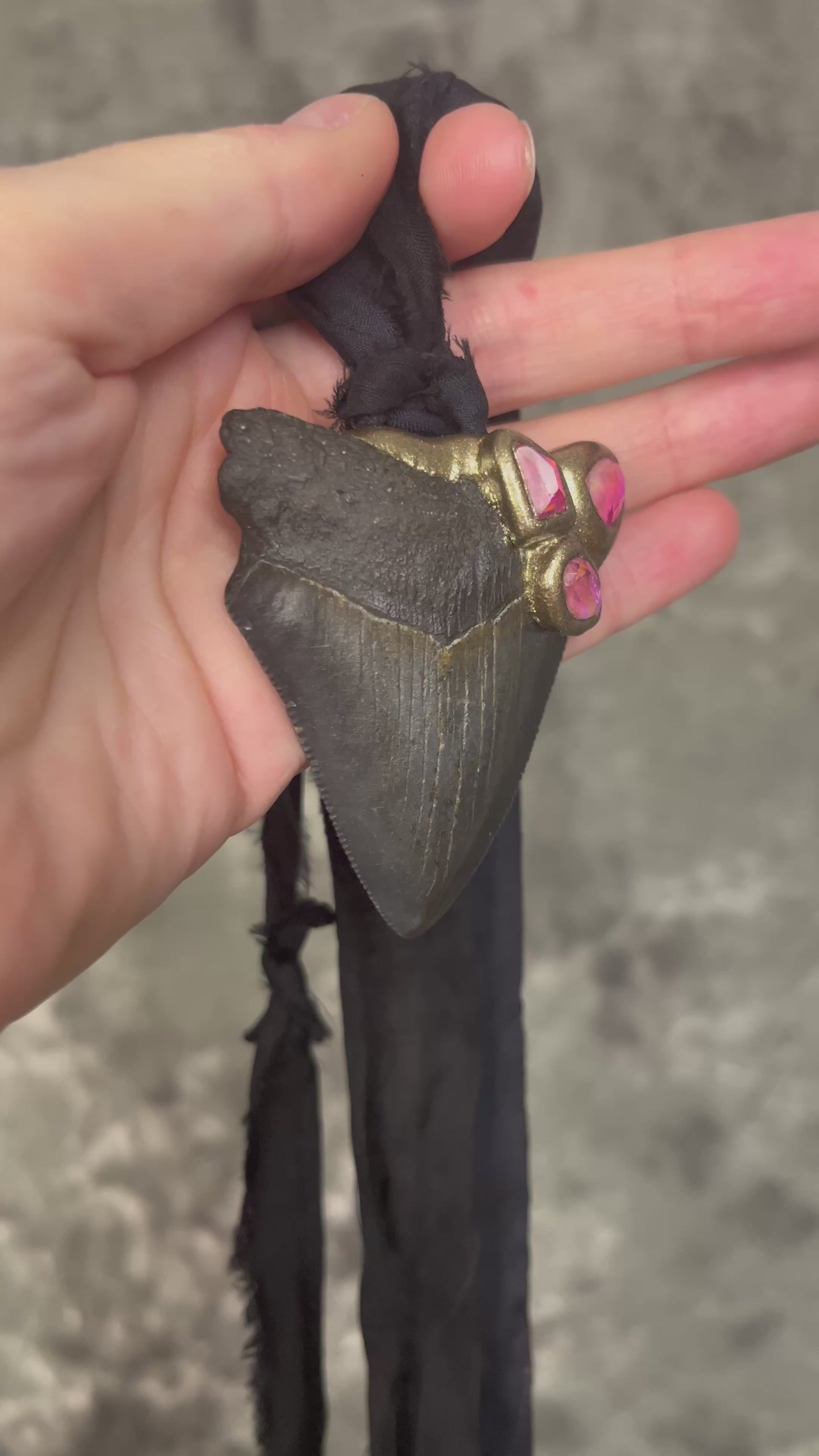 Handmade genuine fossil Megalodon Talisman necklace with bright pink Rubellite Tourmaline gemstones. Hung from elegant black Silk for summer adventures and magic, the perfect gift for her. 