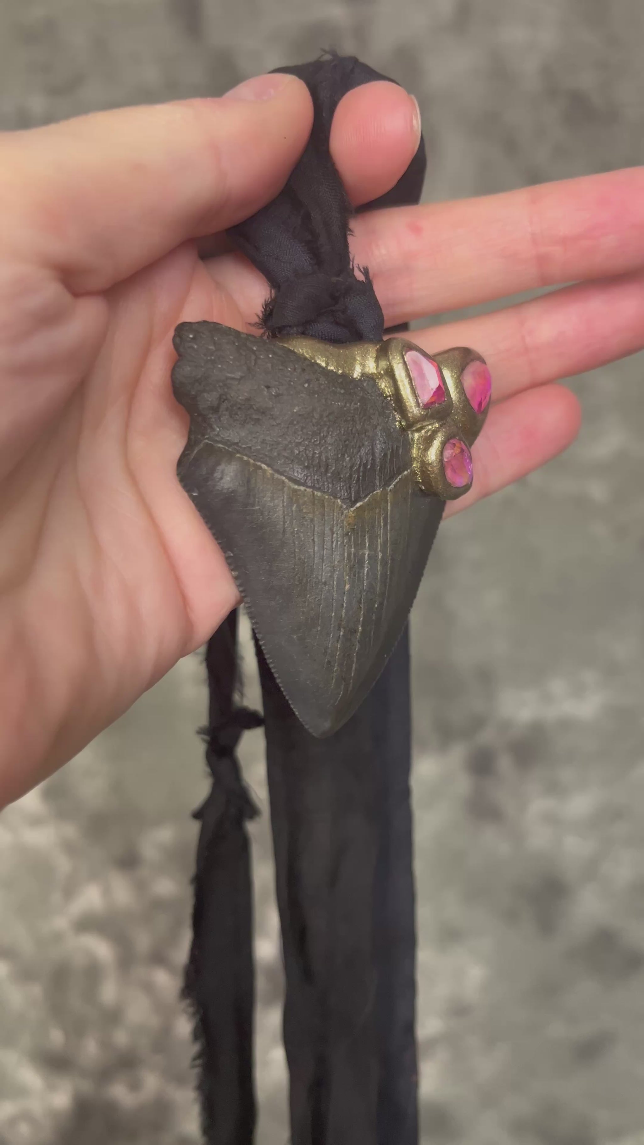 Handmade genuine fossil Megalodon Talisman necklace with bright pink Rubellite Tourmaline gemstones. Hung from elegant black Silk for summer adventures and magic, the perfect gift for her. 