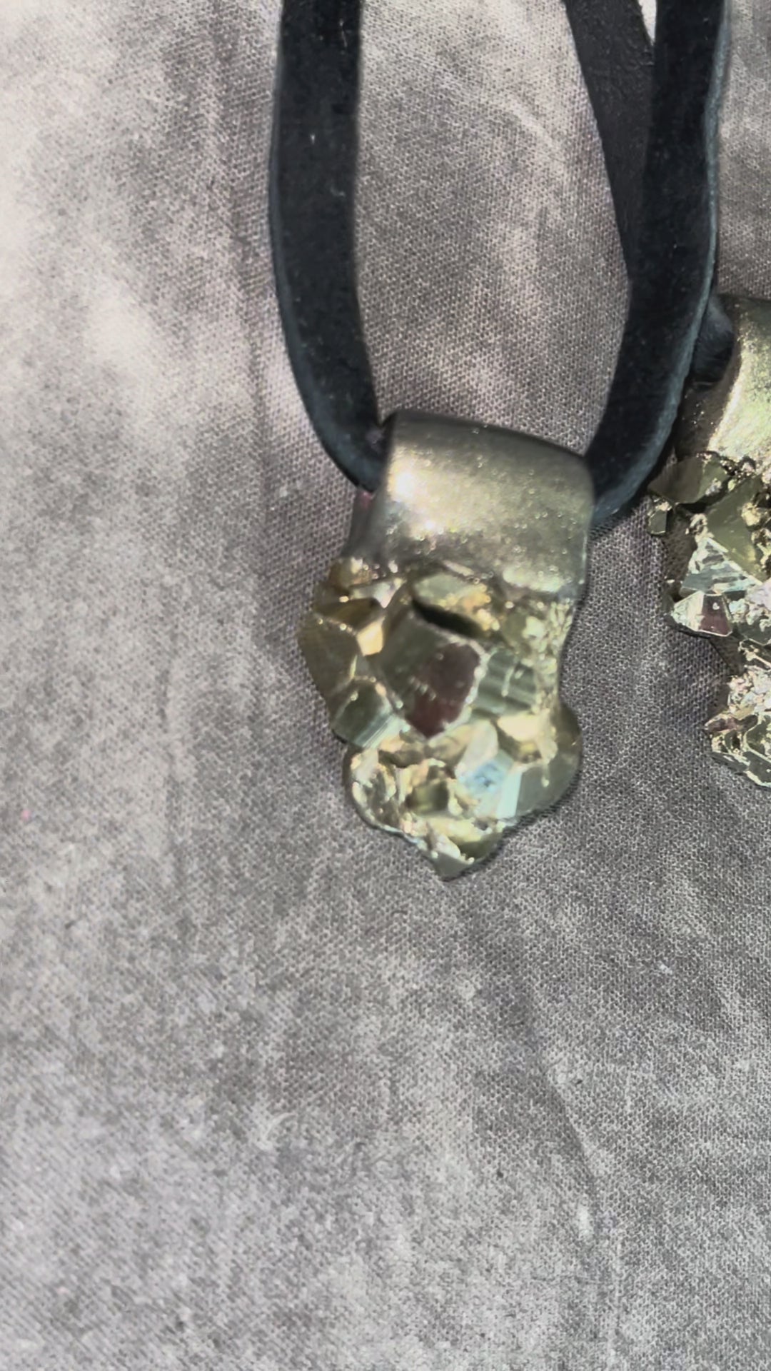 Chunky pyrite pendant necklace on black leather cord, raw crystal talisman jewelry, bold statement necklace with metallic gold healing stone.