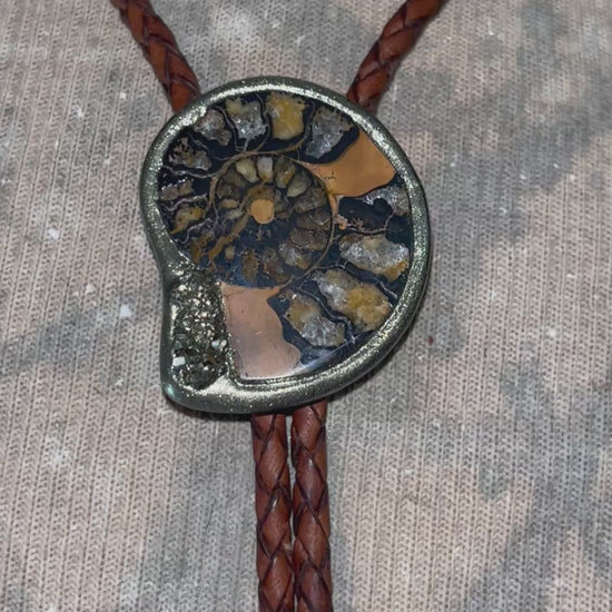Close-up video of ammonite spiral with golden pyrite crystal — artisan bolo necklace with brass gold tips.