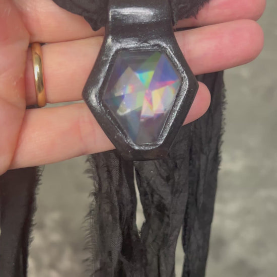 Black rainbow quartz hexagon gemstone talisman necklace in gold or dark frame, witchy rockstar statement crystal pendant jewelry handmade in Baltimore Maryland