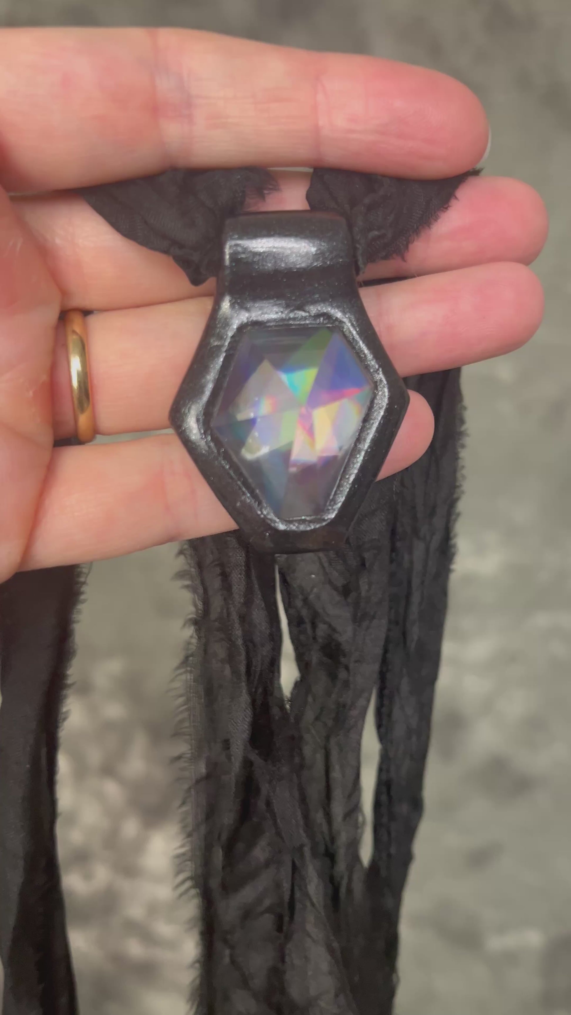 Black rainbow quartz hexagon gemstone talisman necklace in gold or dark frame, witchy rockstar statement crystal pendant jewelry handmade in Baltimore Maryland