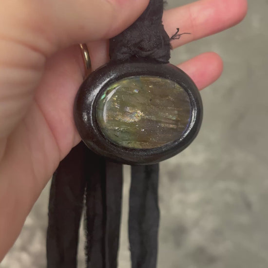 Rainbow labradorite pendant necklace in black frame on recycled silk, statement crystal talisman jewelry for intuition, handmade in Baltimore Maryland